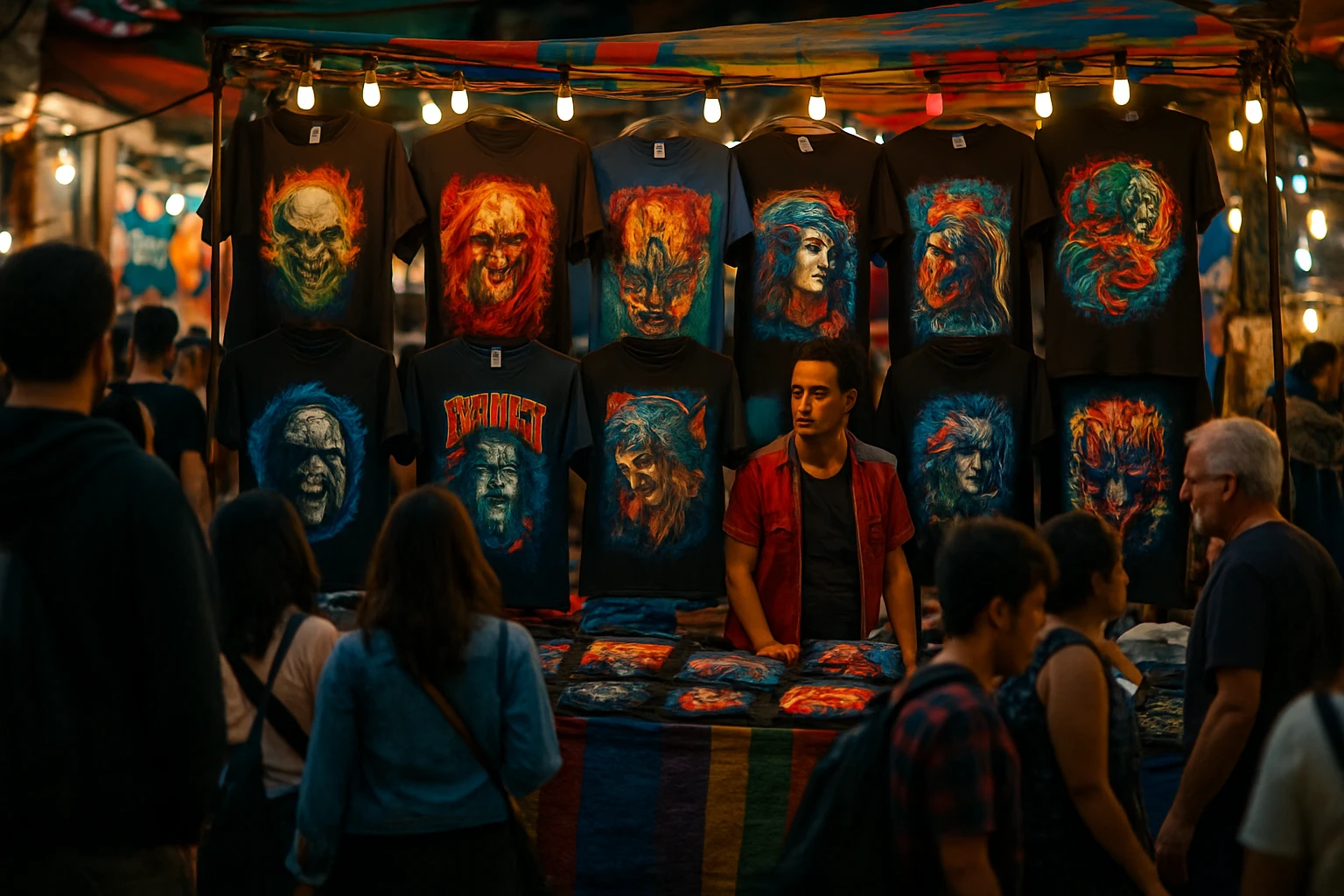 A vibrant street market scene with a bustling crowd, where a vendor displays a collection of graphic tees featuring vivid artwork, band logos, and bold statements hanging on a colorful stall under string lights.