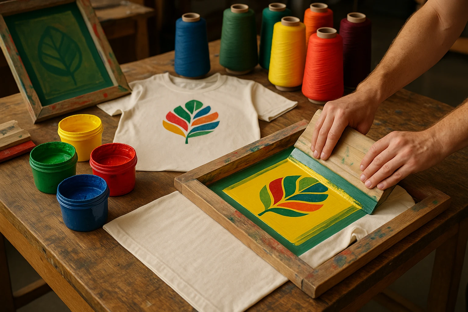 A colorful workshop where eco-friendly graphic tees are being printed, showcasing the use of vibrant water-based inks on organic cotton shirts, with tools like squeegees and screens on a wooden table surrounded by recycled polyester threads.