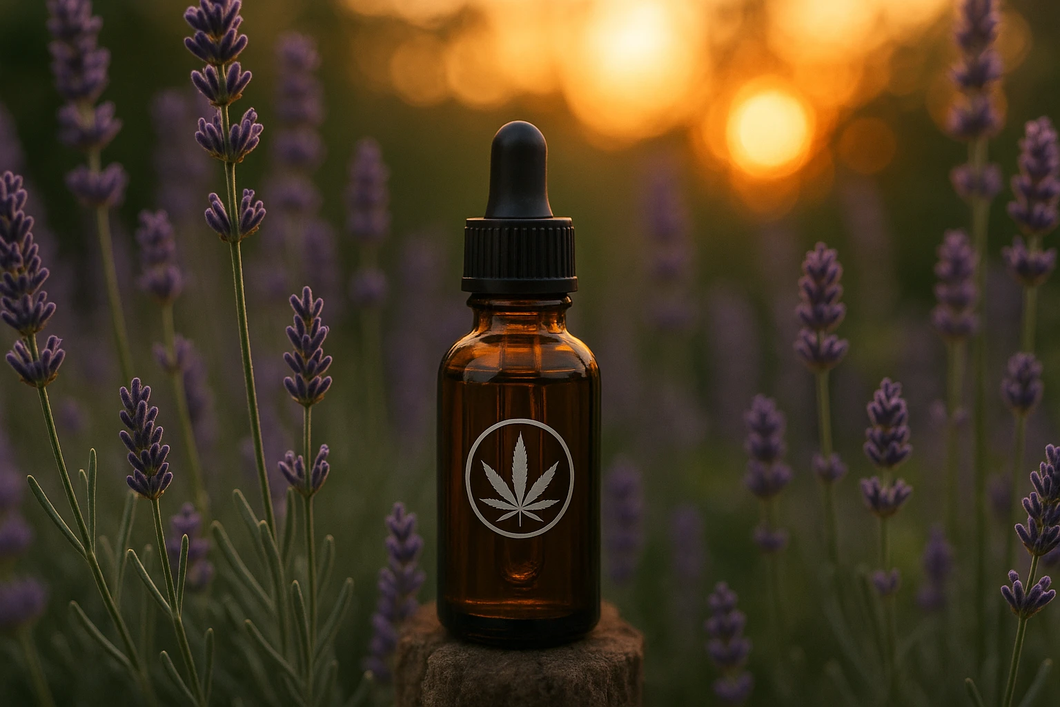 A close-up of a dropper bottle labeled with a CBD logo, surrounded by calming lavender plants and lit by the soft glow of sunset in a serene garden setting.