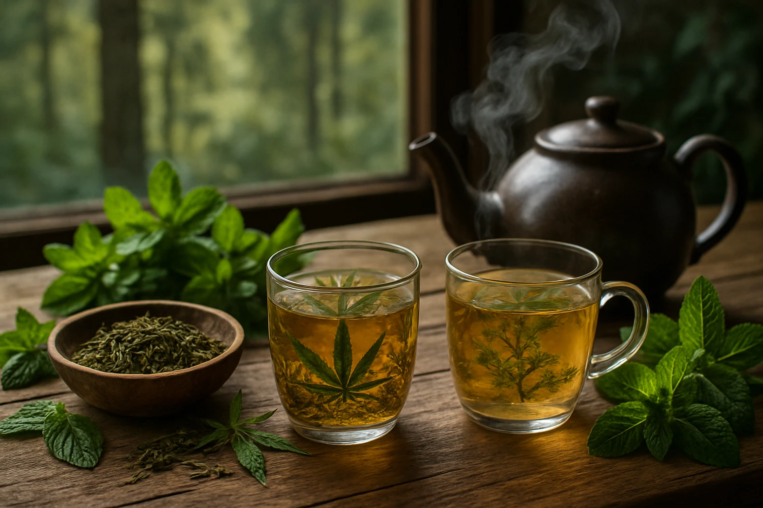 A rustic wooden table adorned with an assortment of CBD-infused herbal teas, surrounded by fresh mint leaves and a steaming teapot, set against a backdrop of a tranquil forest visible through a window.