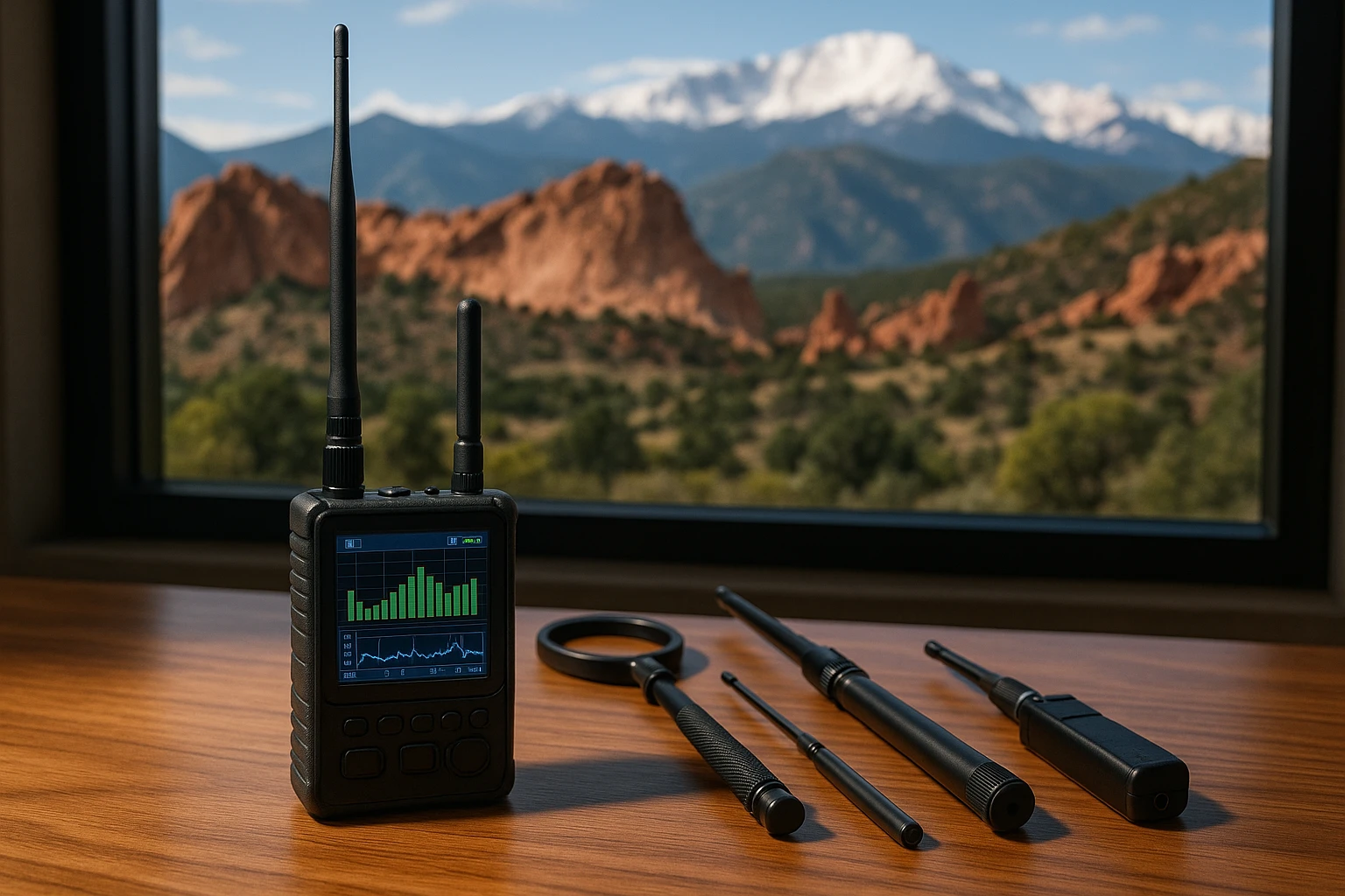 A close-up of a specialized electronic device with a digital screen displaying detection metrics, placed on a wooden table next to various handheld tools used for bug sweeping, set against a backdrop of the Colorado Springs landscape visible through a large window.