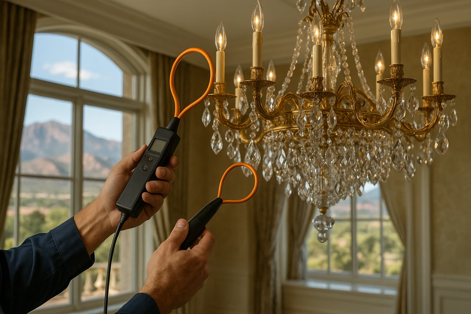 A technician's hands expertly maneuver a near-field detector around an ornate chandelier in a luxurious room, with a sweeping view of the Colorado Springs mountains visible through large, elegant windows in the background.