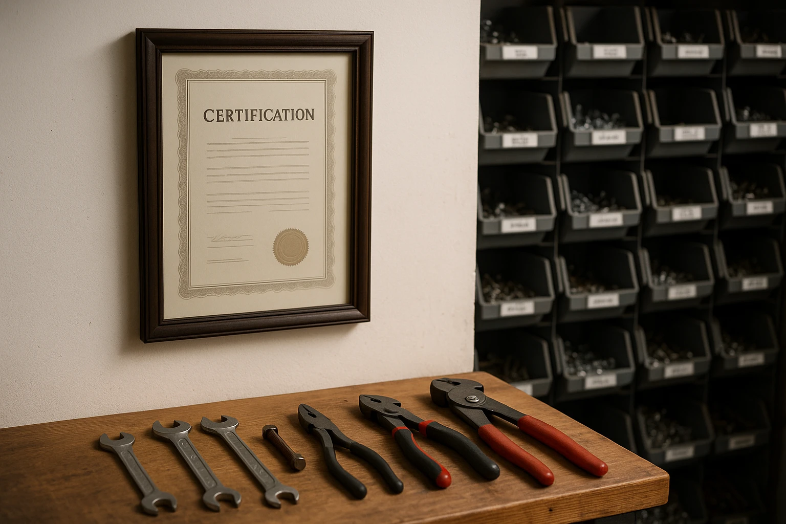 Top Things to Know Before Choosing a Gate Repair Service in Los Angeles A close-up of a certification document hanging on the wall of a workshop, with various gate repair tools like wrenches and pliers neatly organized on a wooden workbench nearby, set against a backdrop of labeled storage bins filled with hardware essentials.