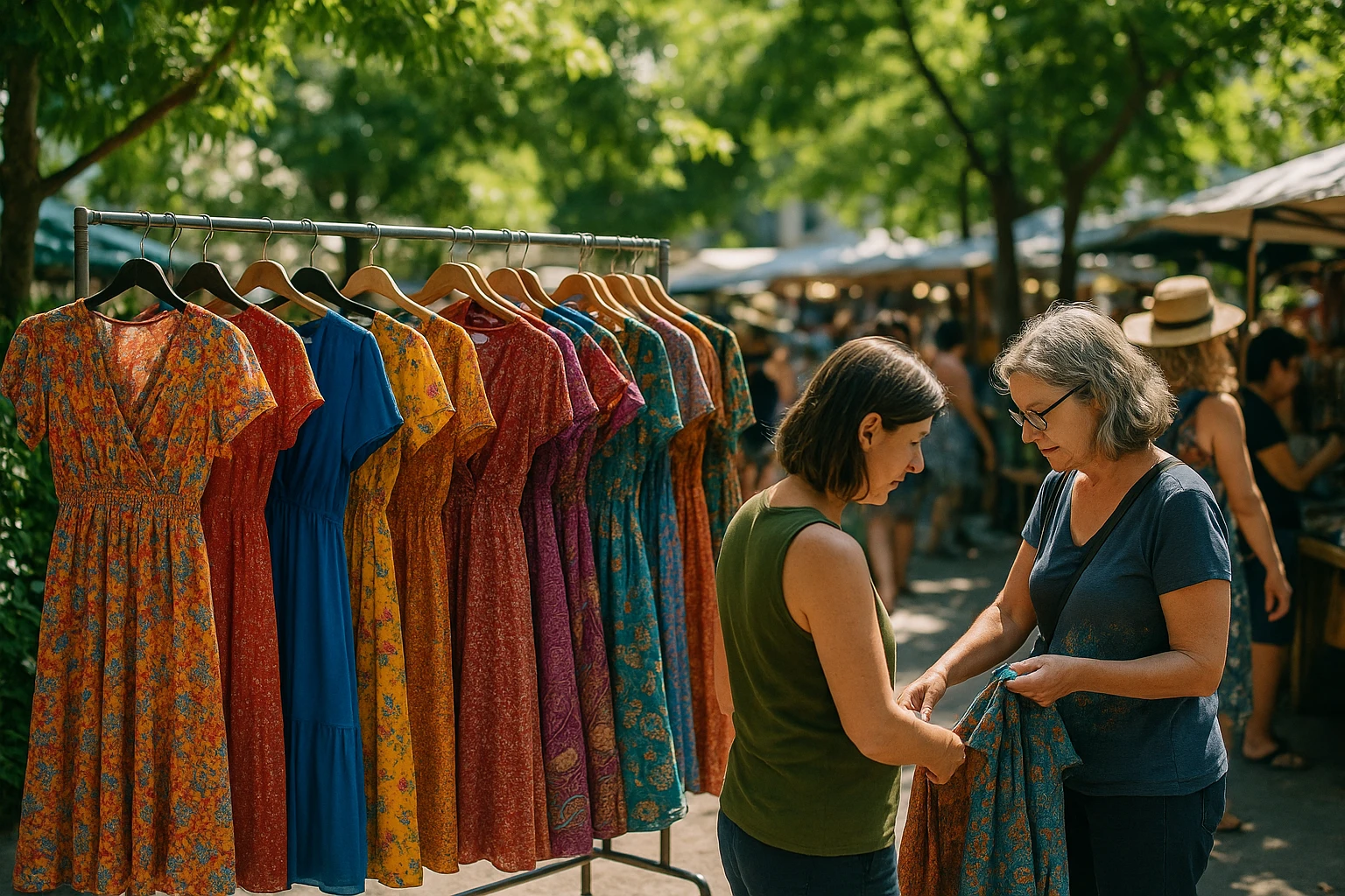 A vibrant outdoor market scene with a variety of colorful dresses hanging on display racks, surrounded by lush greenery and shoppers examining the fabric quality and intricate designs under natural sunlight.