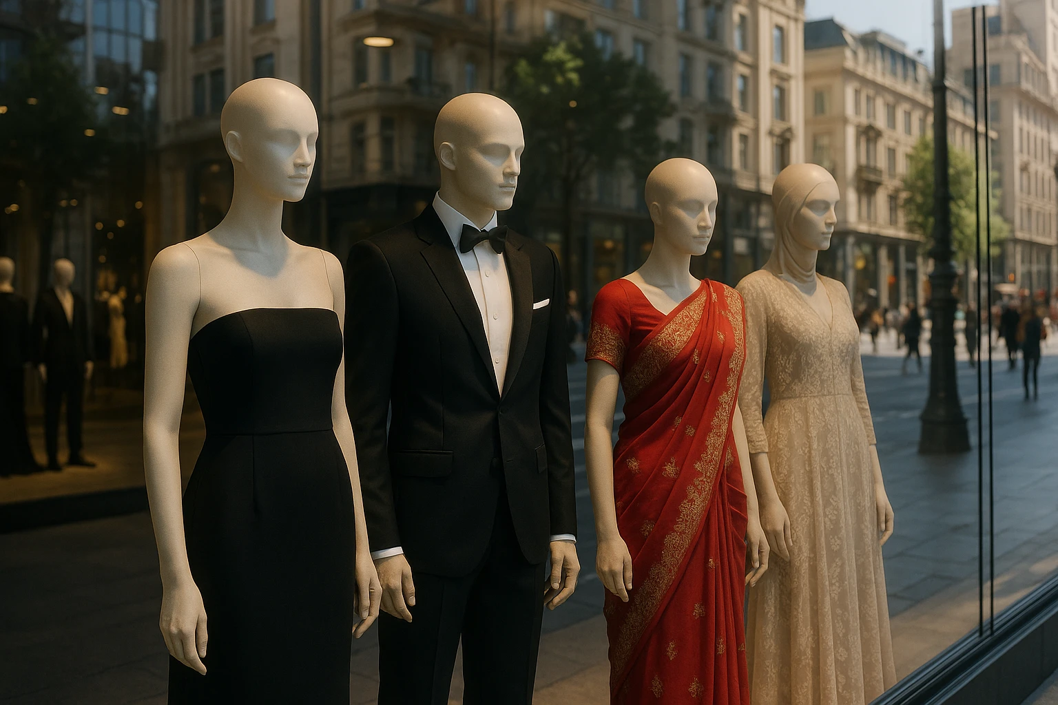 A display window of an upscale boutique featuring elegant formal wear, highlighted by chic mannequins dressed in global fashion styles, with a vibrant city street scene reflected in the glass.