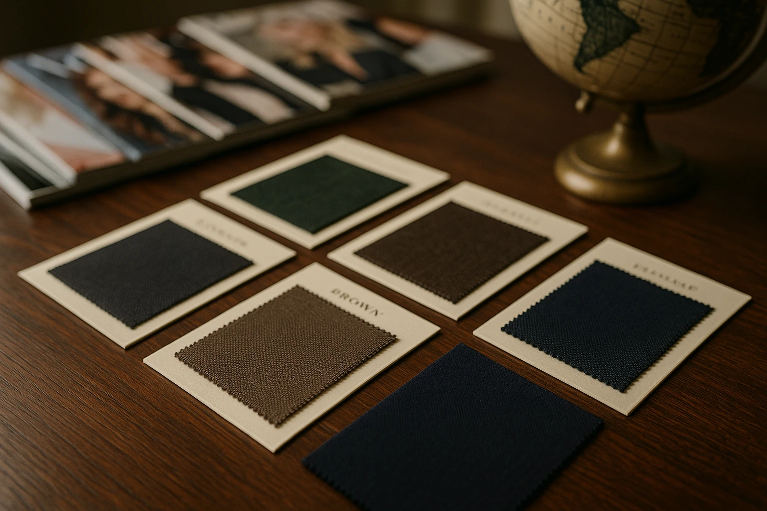 A close-up of elegant fabric swatches labeled with different global boutique names, laid out on a stylish wooden table with a background of international fashion magazines and a globe.