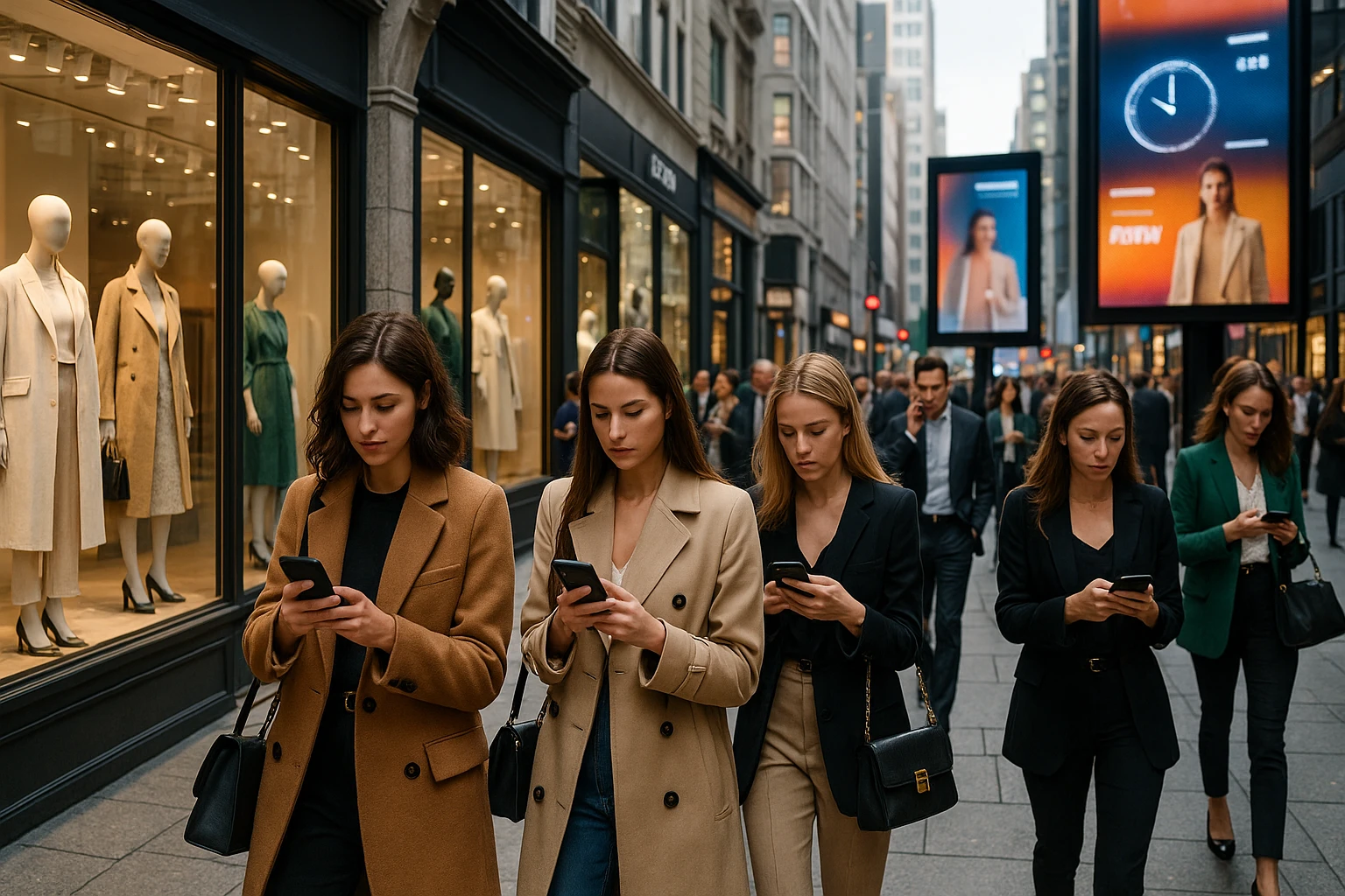 A bustling city street lined with boutique store windows displaying the latest fashion collections, with digital billboards showcasing time-sensitive alerts and new arrivals, while fashionably dressed pedestrians eagerly glance at their phones for updates.