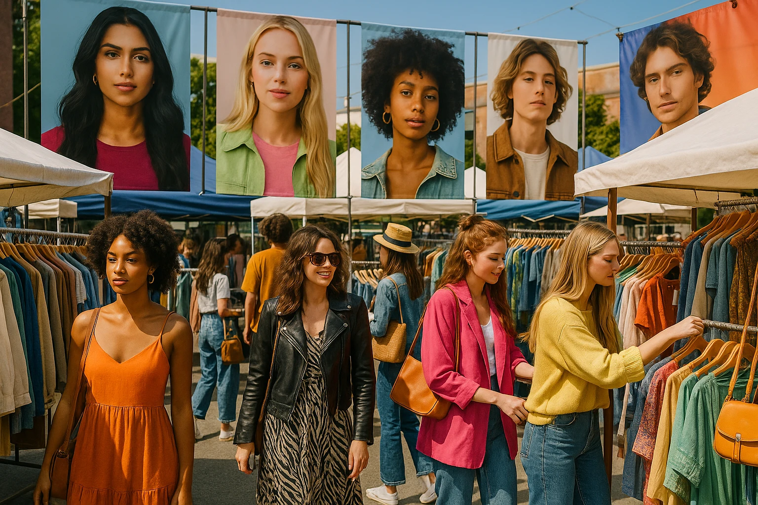 A vibrant outdoor fashion market bustling with trendsetters, featuring stalls adorned with the latest clothing pieces and accessories, while prominent banners of well-known fashion brands like Instagram highlight the event, creating a lively atmosphere of style and discovery.