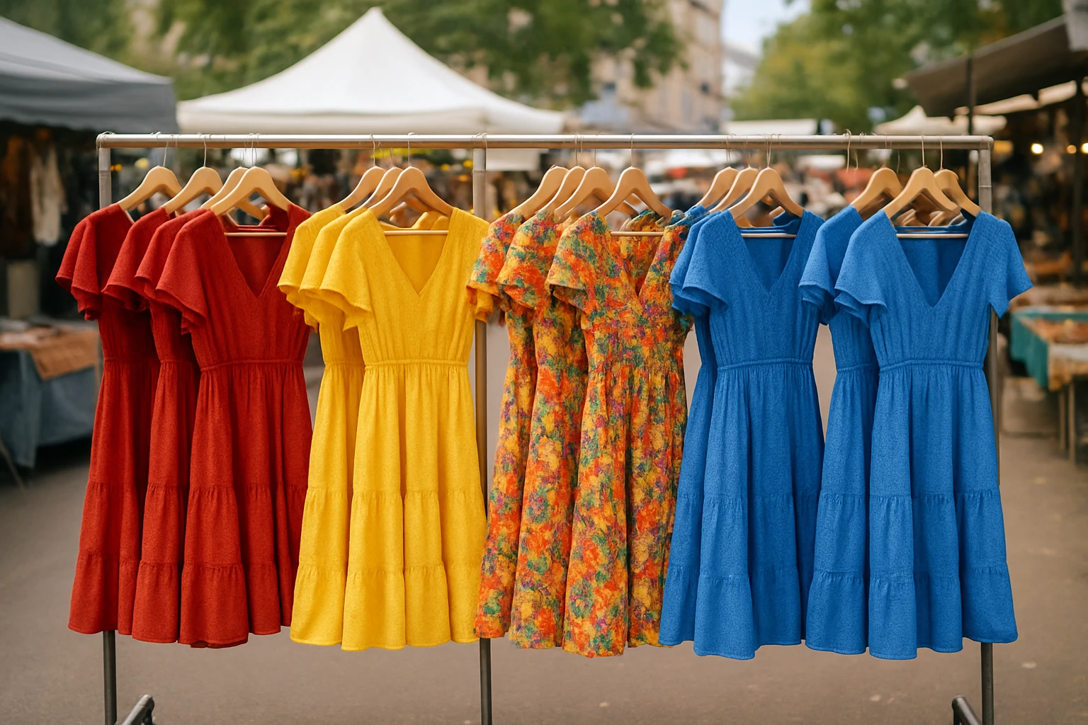 A vibrant display of colorful dresses neatly arranged on a rack outdoors, with clear signage categorizing each section, set against a backdrop of a bustling open-air market.