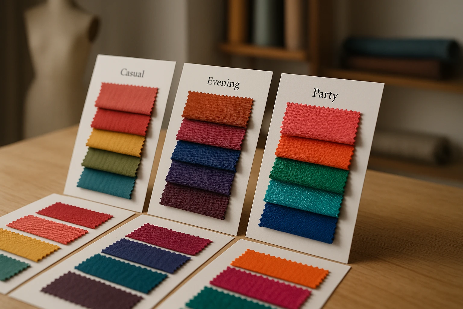 A colorful array of dress fabric swatches, neatly arranged in a fashion designer's studio, with each swatch labeled by category such as 