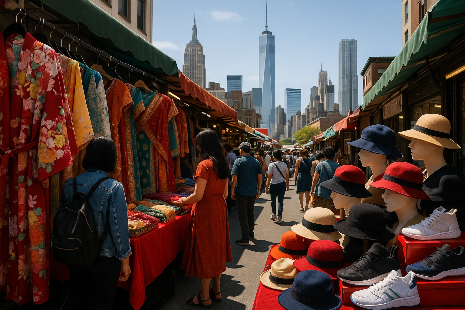 A vibrant street market bustling with diverse fashion stalls showcasing colorful kimonos, intricate sarees, chic Parisian hats, and New York’s latest designer sneakers, all under the backdrop of a modern skyline.