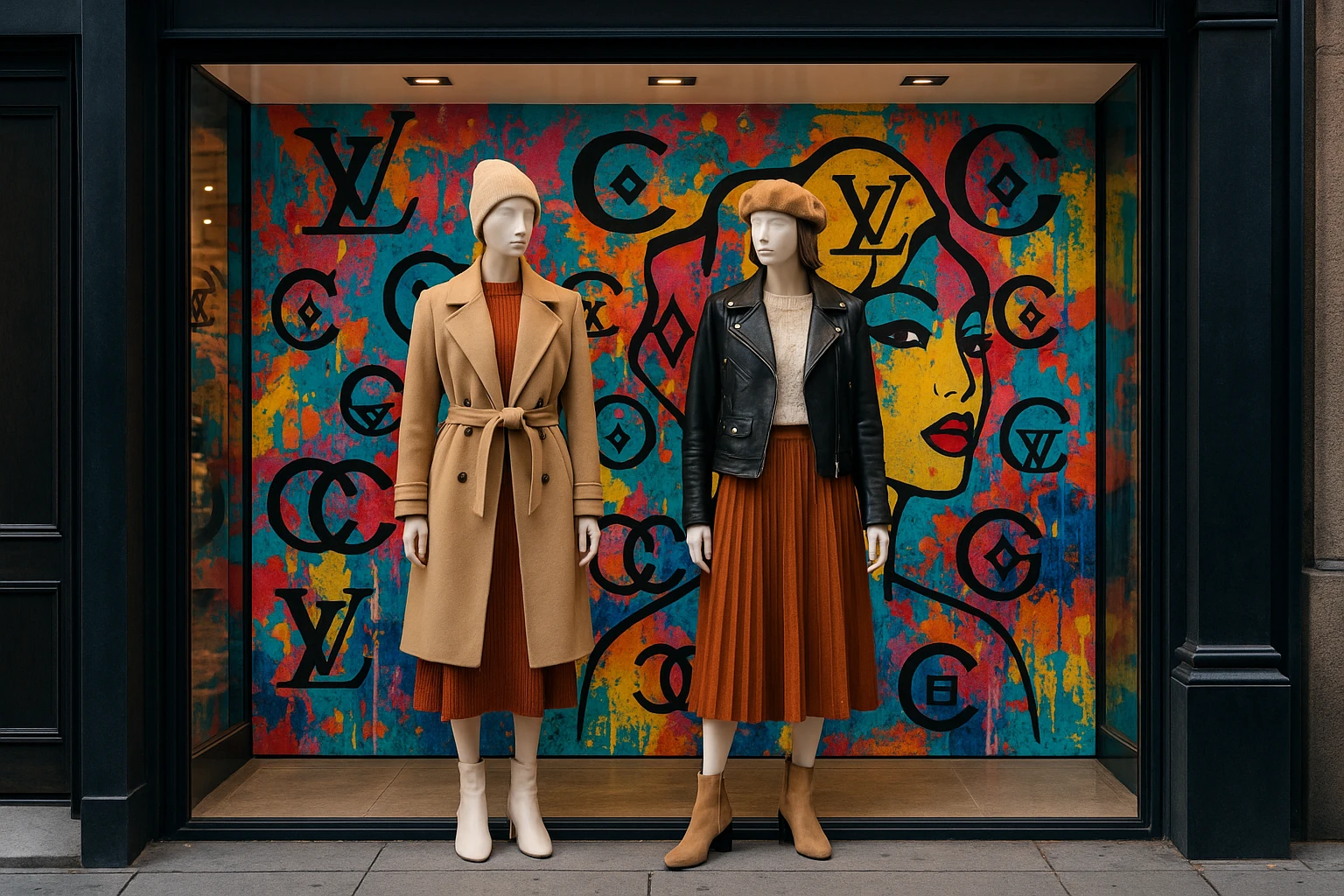 A stylish boutique storefront with mannequins dressed in trendy, seasonal outfits, set against a backdrop of colorful street art and fashion brand logos.
