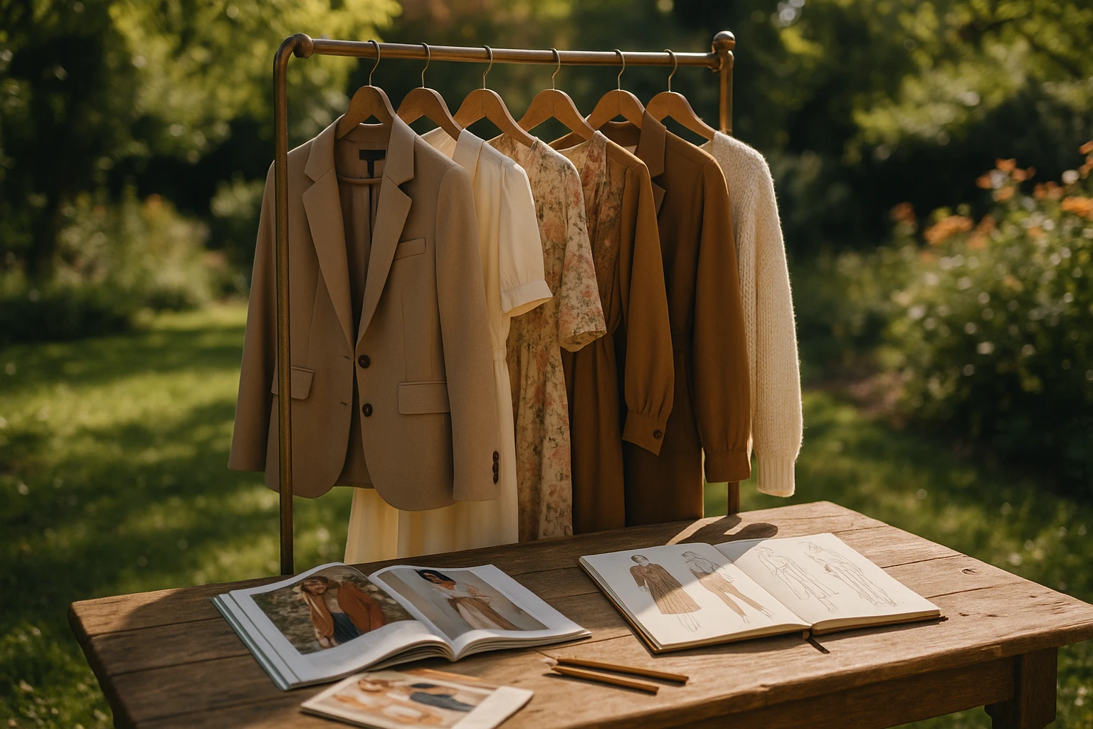 A vintage clothing rack adorned with a variety of stylish garments, set outdoors in a sunlit garden, with fashion magazines and a sketchpad of outfit ideas on a rustic wooden table beside it.