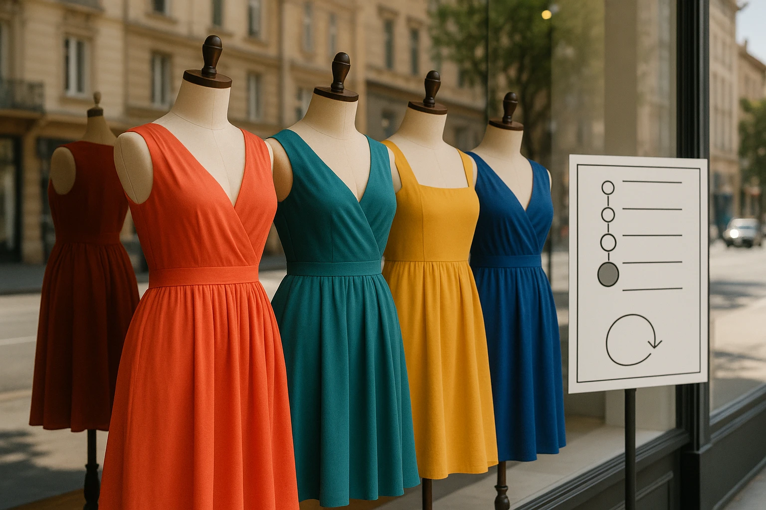 A boutique window display featuring an array of colorful dresses on elegant mannequins, with a nearby sign highlighting a simplified sizing chart and an easy return policy, under a bright, inviting street scene.
