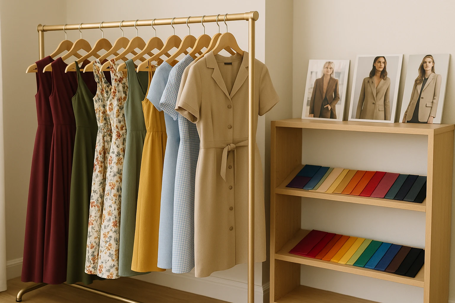 A vibrant indoor boutique scene featuring a stylish rack of various dress styles organized by occasion&mdash;formal gowns, casual sundresses, and work attire&mdash;with a neatly arranged shelf nearby displaying fashion magazines and colorful fabric swatches for personalized selection.
