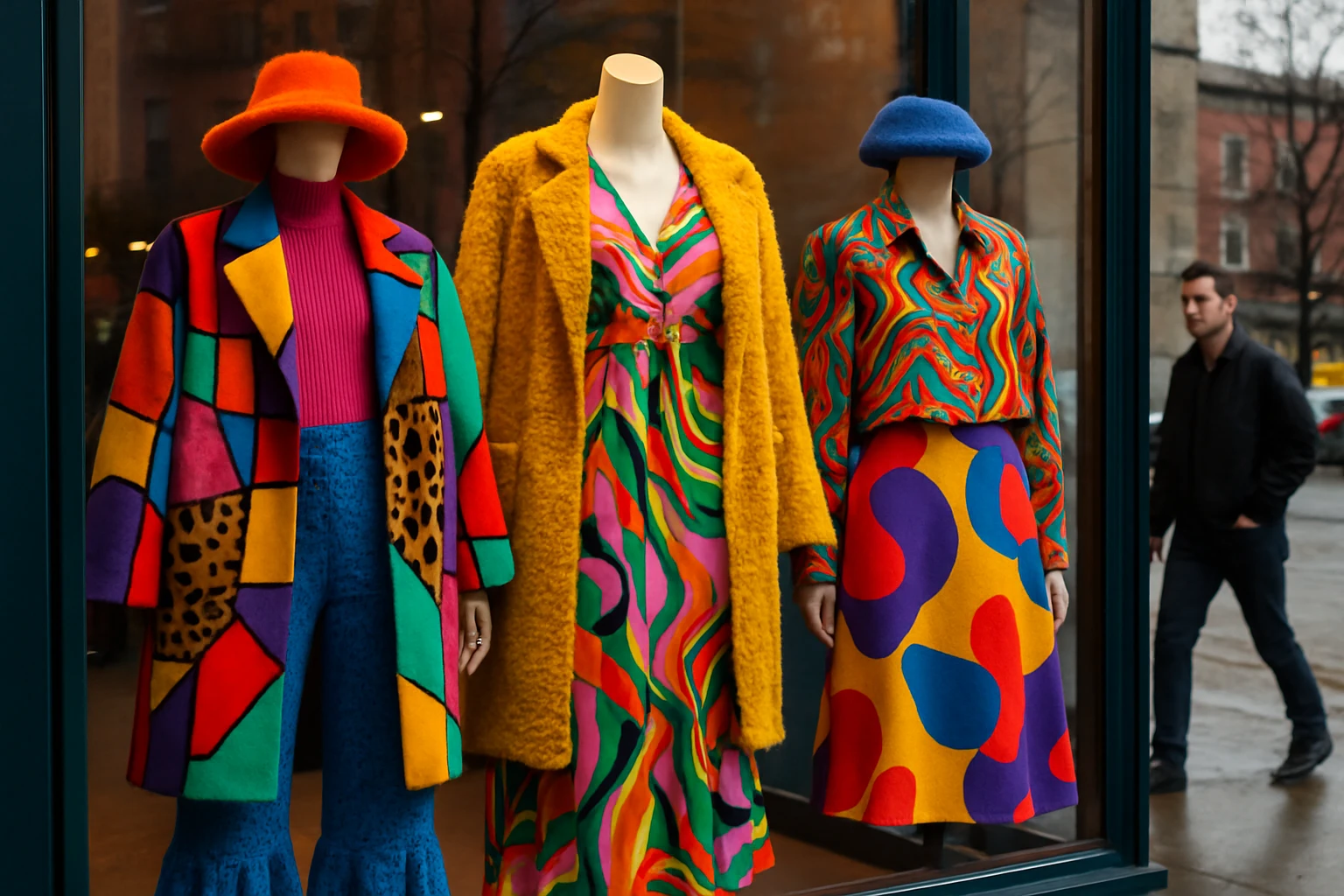 A vibrant storefront window display featuring eclectic fashion pieces from emerging designers, with bold colors and unique patterns, set against an urban street backdrop with passerby glancing over in curiosity.