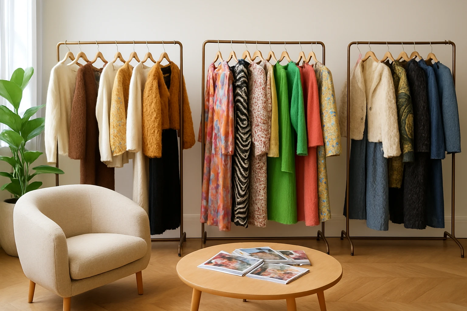 A brightly-lit room with racks displaying an eclectic mix of clothing items by emerging designers, featuring unique textures and patterns, set next to a cozy seating area with a small coffee table adorned with fashion magazines.