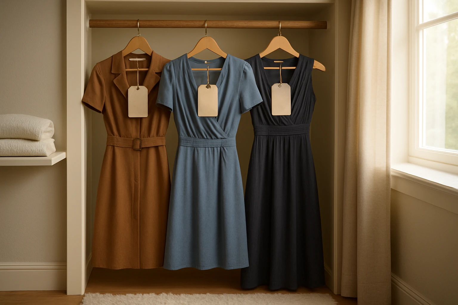 A well-organized closet with a variety of dresses hanging neatly, each labeled for different occasions like work, brunch, and gala, with a cozy rug and a soft light pouring in from a nearby window.