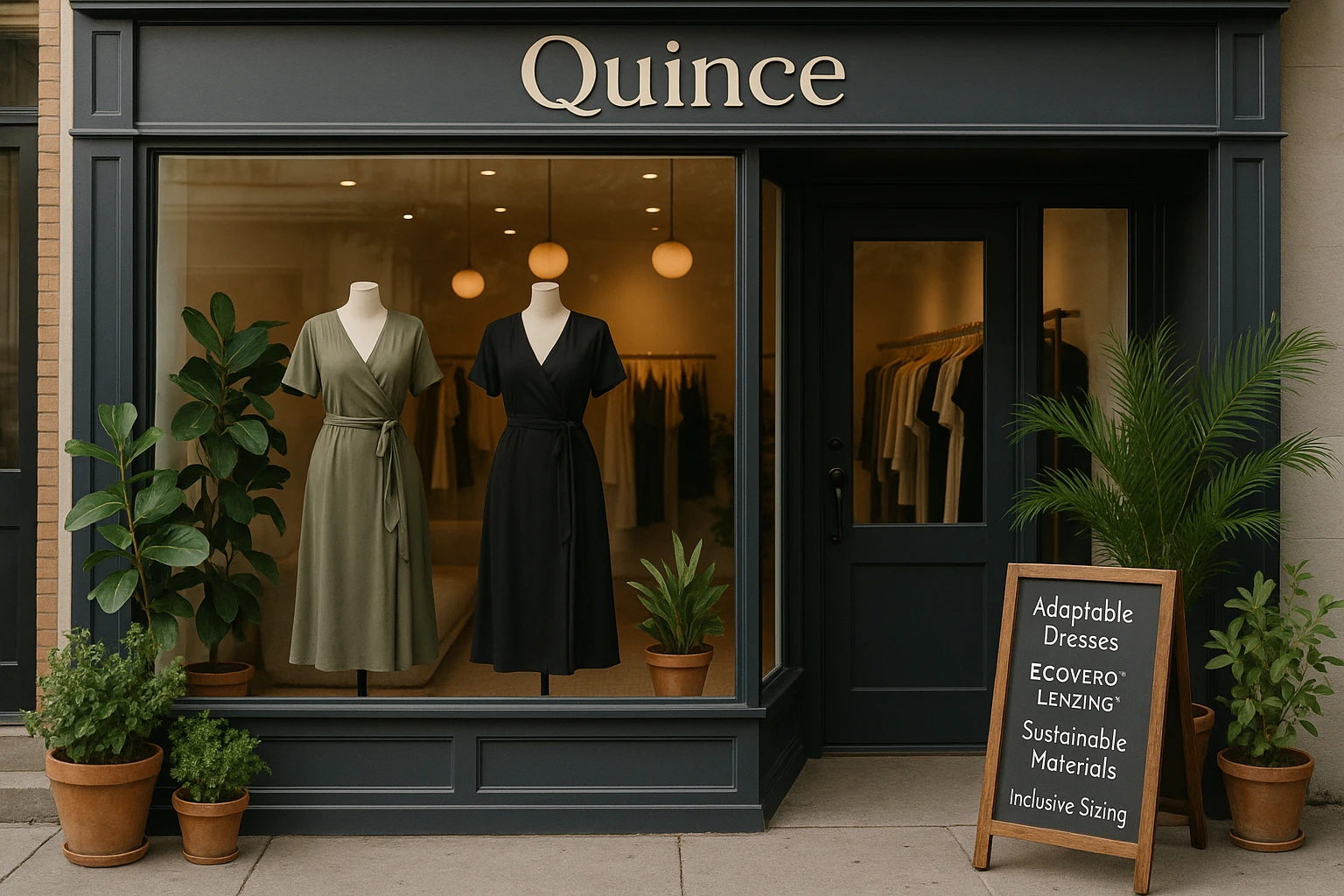 A stylish Quince storefront with mannequins in the window wearing adaptable dresses made from ECOVERO&trade; LENZING&trade;, surrounded by lush potted plants and a chalkboard sign highlighting sustainable materials and inclusive sizing options.