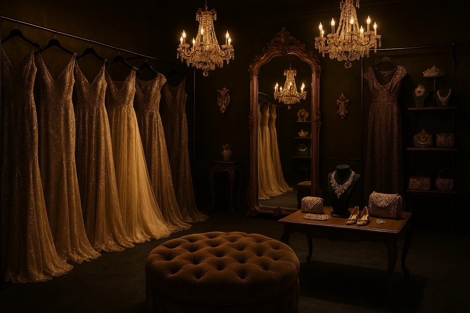 A lavish, dimly lit boutique with elegant racks of shimmering gowns and intricate accessories, featuring plush velvet seating and ornate mirrors reflecting the opulent ambiance.