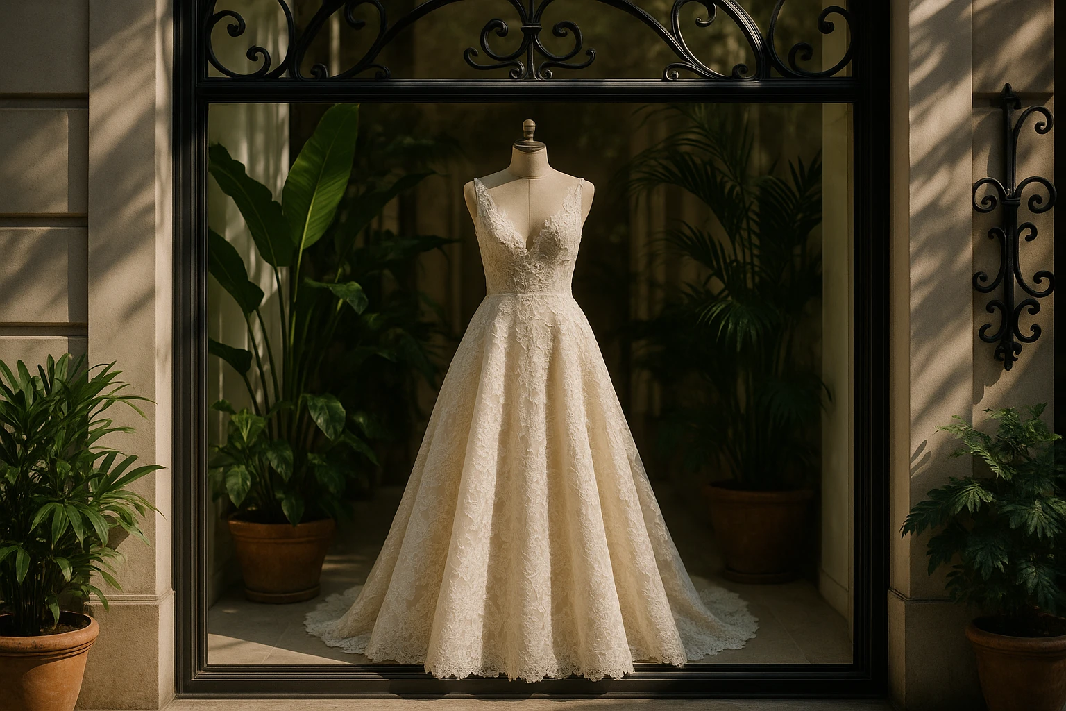 A sunlit boutique window display showcasing a stunning Oscar de la Renta gown with intricate lace detailing, set against a backdrop of lush green plants and elegant wrought iron decorations.