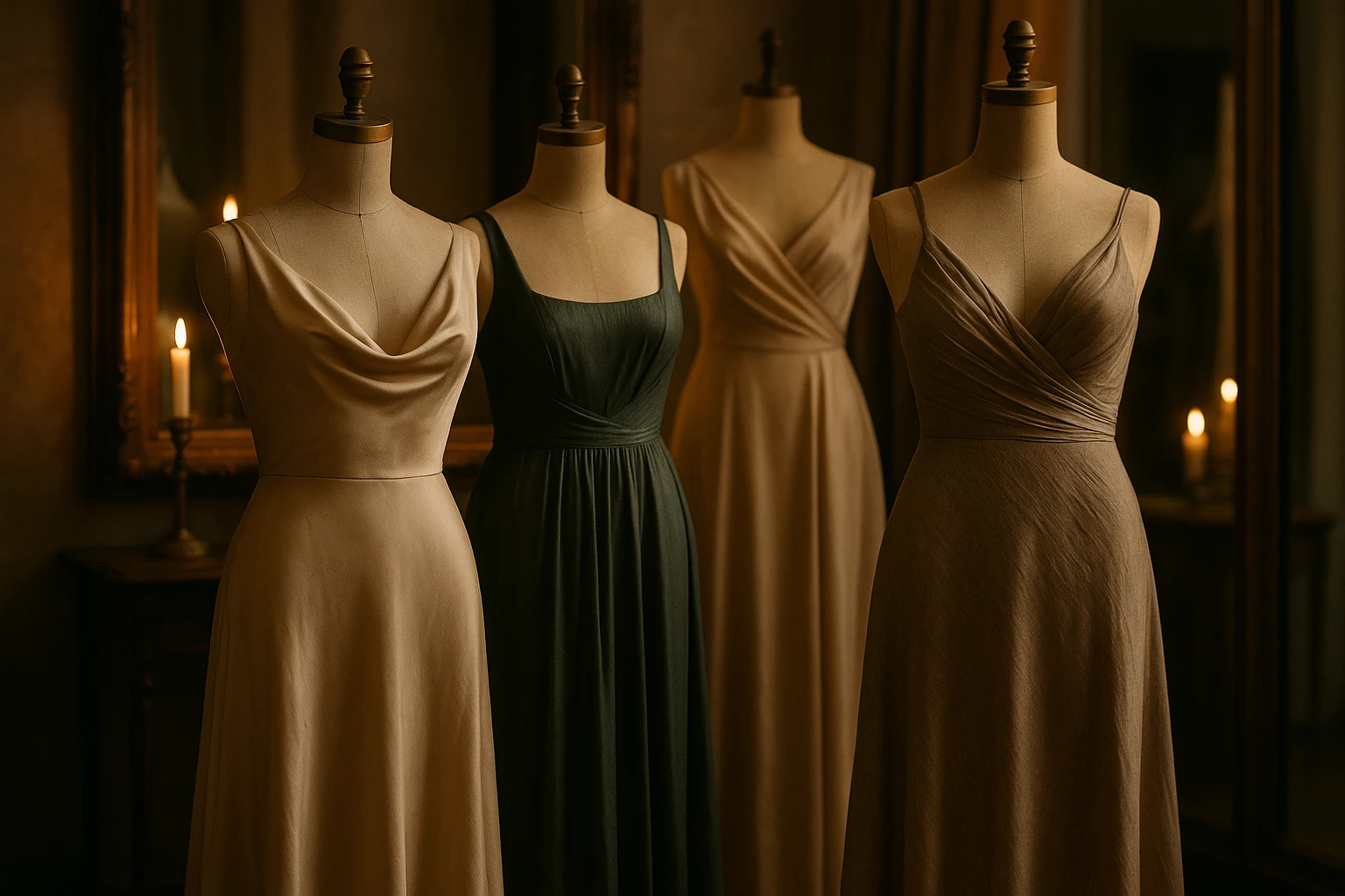 A collection of elegant evening dresses made from organic silk and recycled polyester, displayed on vintage dress forms in an upscale boutique. The setting includes soft candlelight reflecting off a mirror, highlighting the intricate textures and natural sheen of the sustainable fabrics.