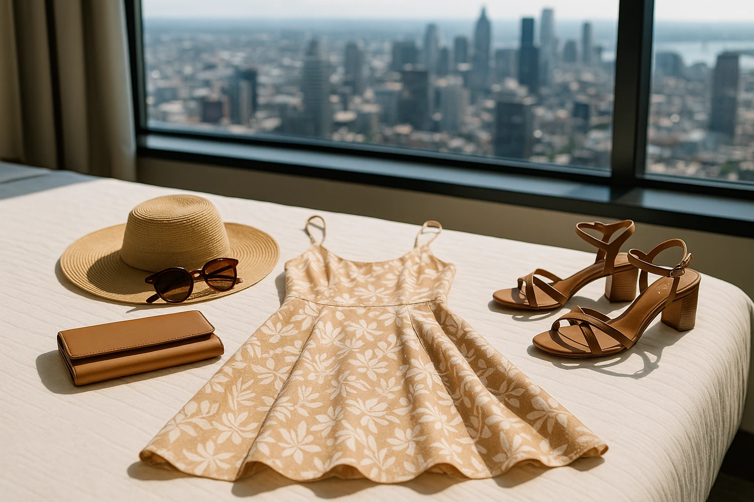 A stylish outfit laid out on a bed with a panoramic cityscape visible through the window&mdash;featuring a chic summer dress, sun hat, and a pair of sunglasses, alongside an elegant clutch and strappy heels, all ready for a rooftop celebration.