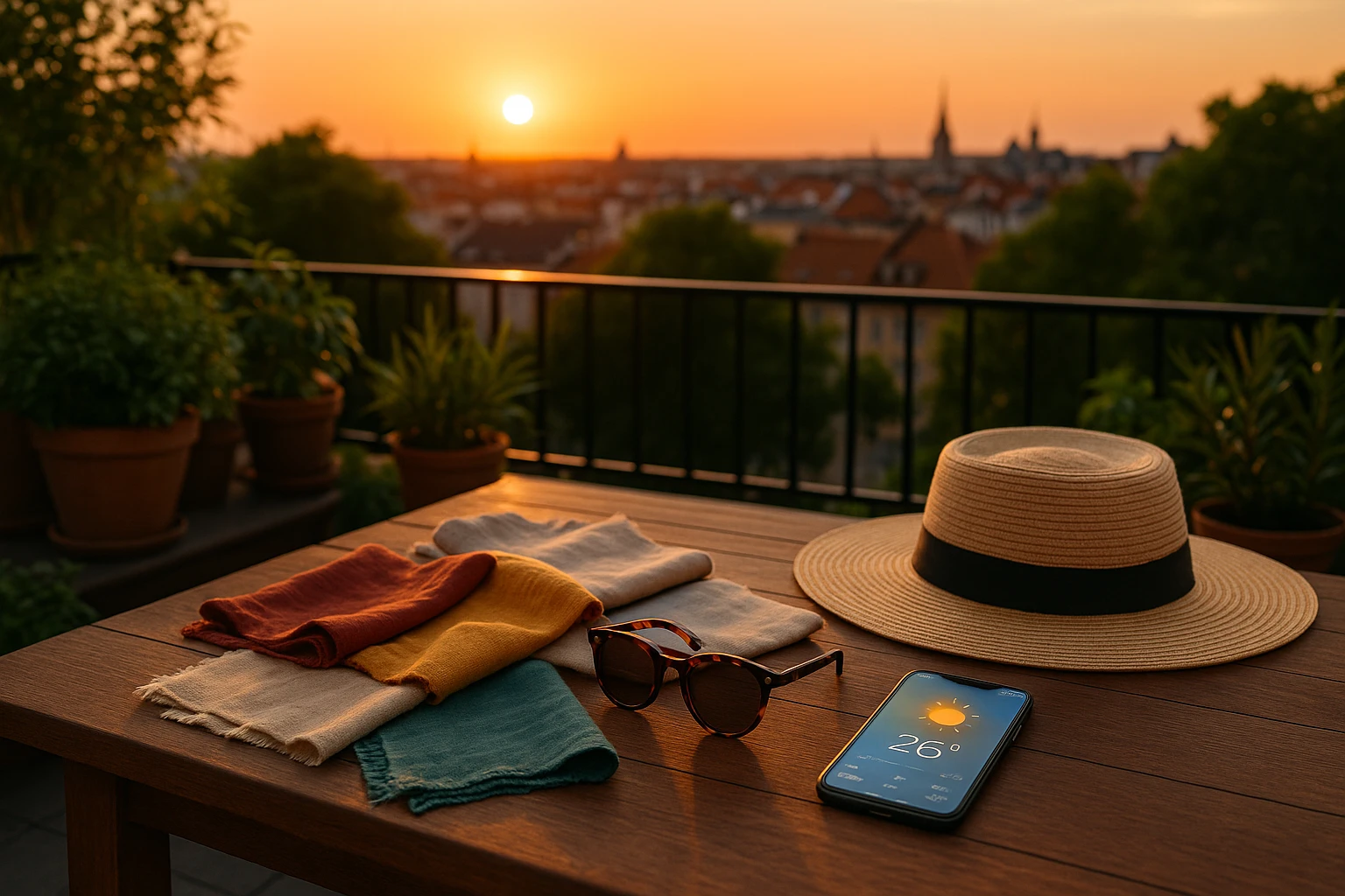 A rooftop terrace at sunset with a table set for a party, featuring an assortment of colorful fabric swatches such as linen and cotton, sunglasses, a fashionable wide-brimmed hat, and a smartphone displaying a weather app, surrounded by green potted plants.