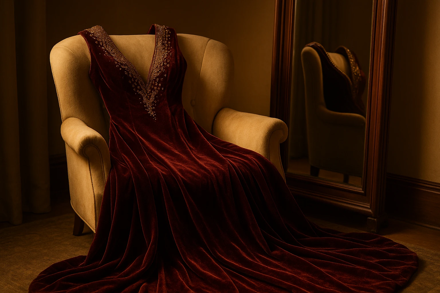 A luxurious velvet gown elegantly draped over a plush armchair, with soft golden lighting highlighting the rich texture and intricate beadwork, set against a backdrop of a classic, wooden-framed full-length mirror.