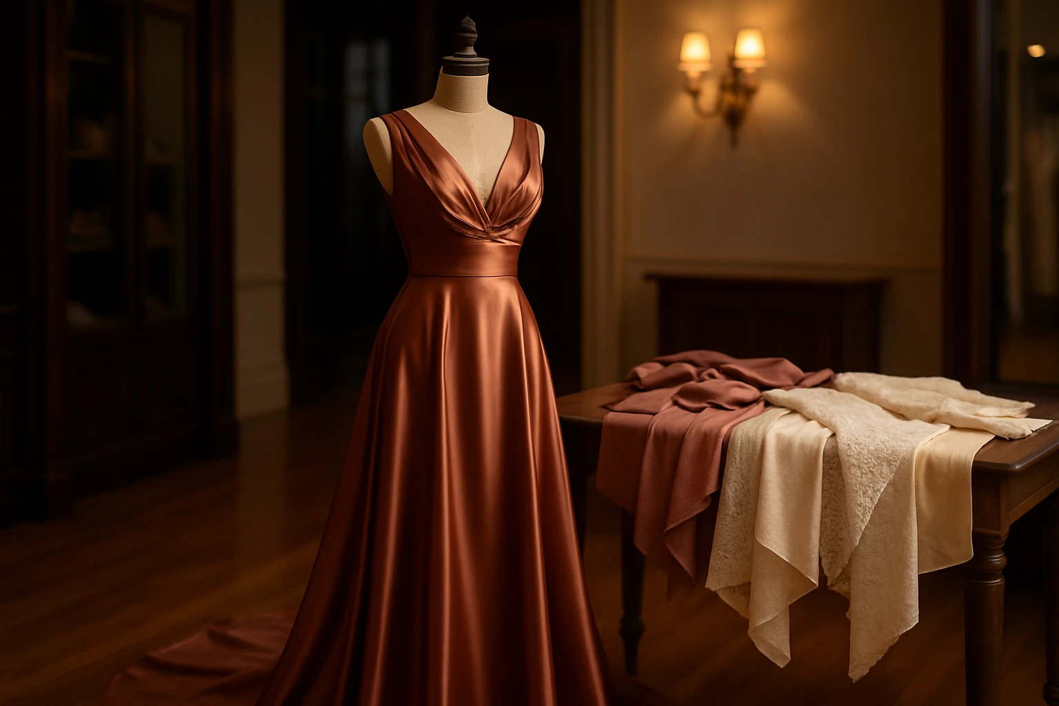 A sumptuous silk evening gown displayed on a vintage tailor's mannequin, surrounded by swatches of silk, lace, and cotton blends, set in an elegant boutique with soft ambient lighting and polished wooden floors.