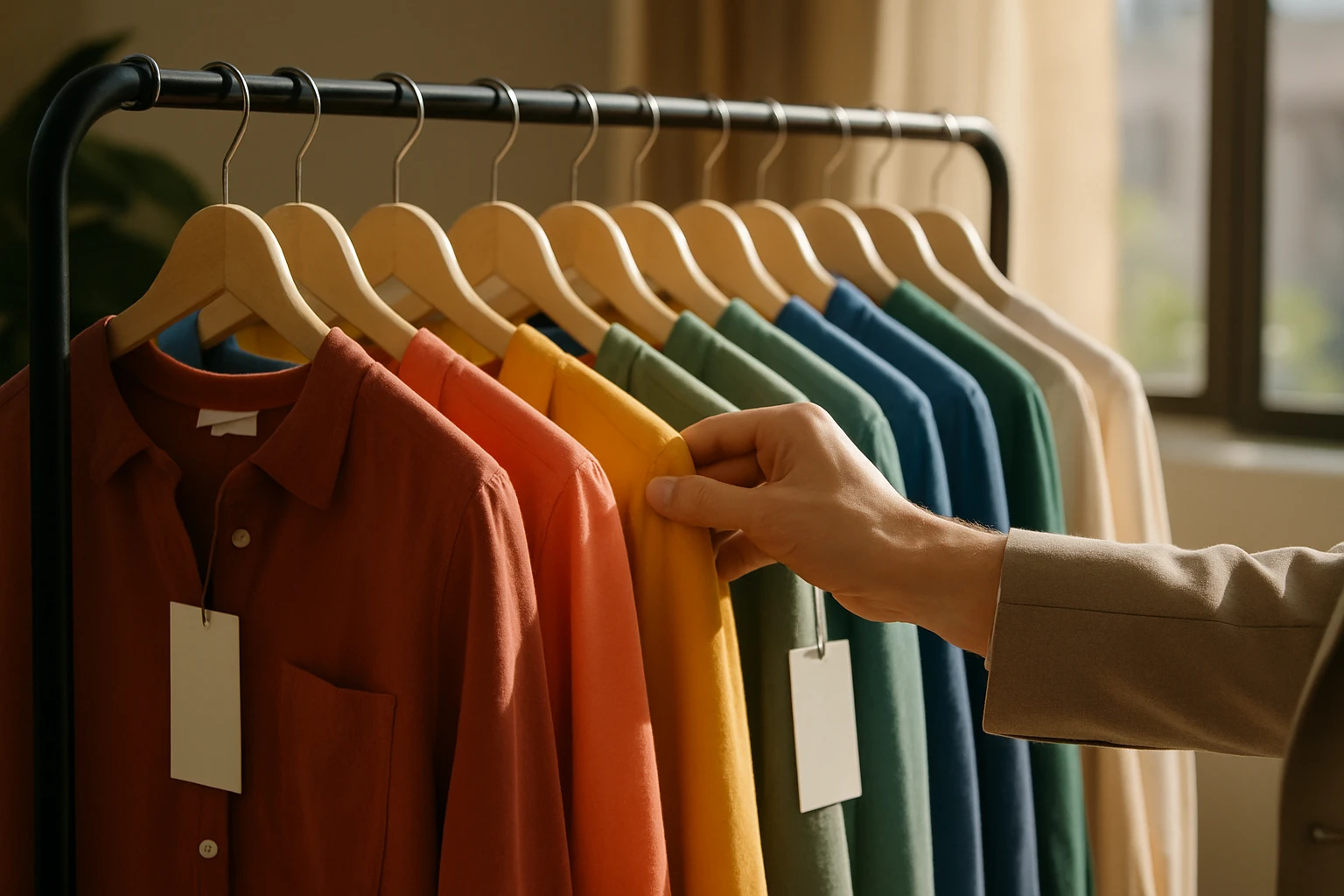 A hand arranging a rack of stylish, colorful clothing with branded tags visible in a chic boutique setting, sunlight streaming through a nearby window.