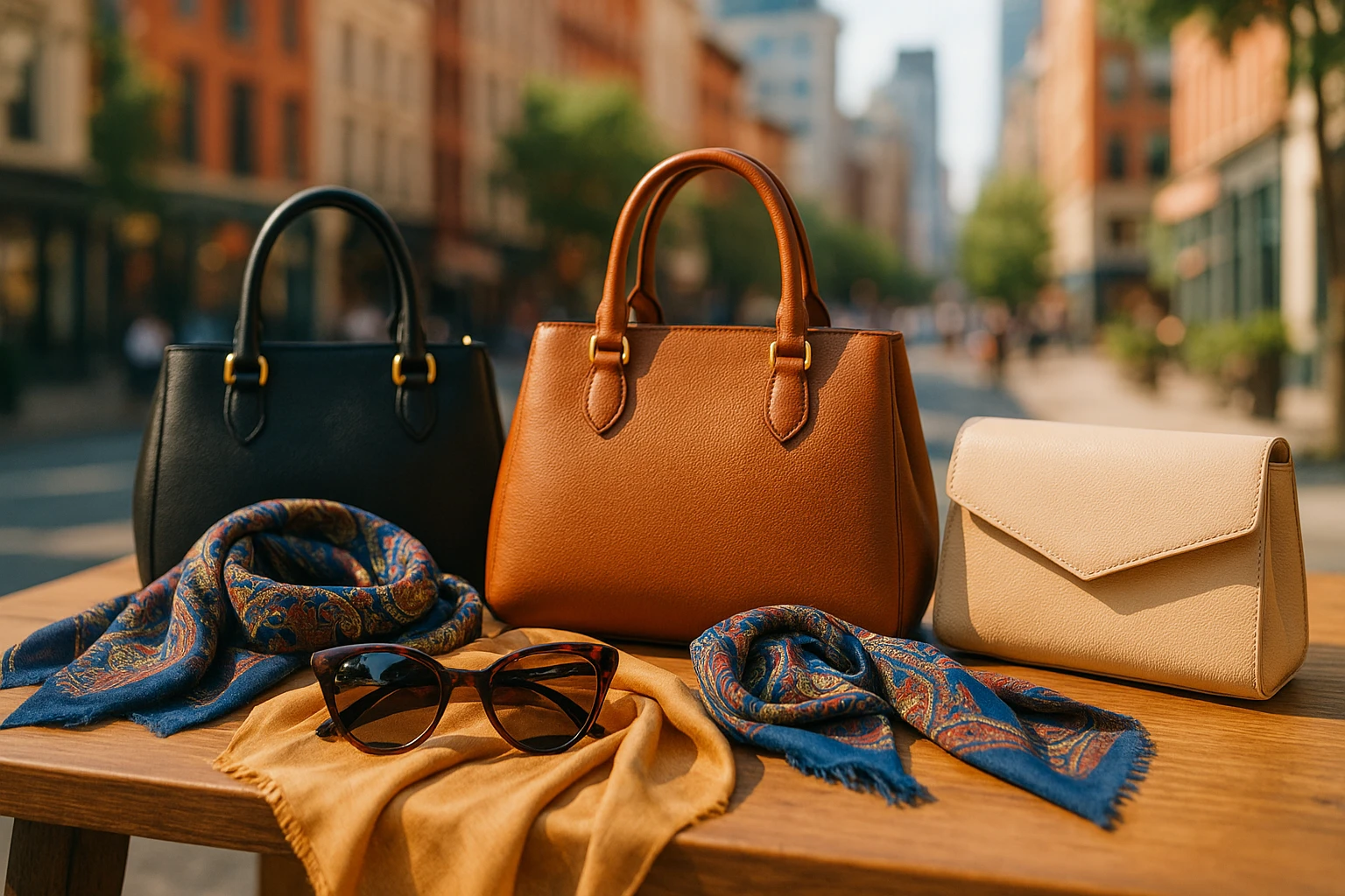 A stylish, curated display of various fashion accessories like sunglasses, scarves, and handbags on a wooden table outdoors, with a backdrop of a vibrant cityscape.