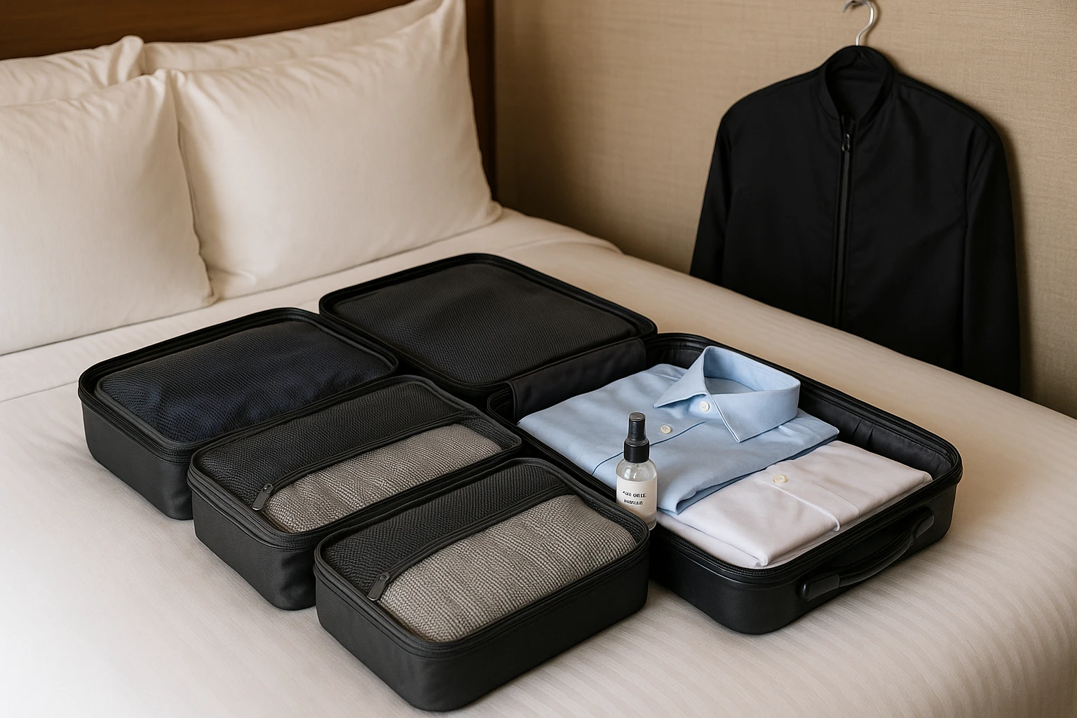 A neatly packed suitcase displayed on a hotel bed with clothes organizers, a garment bag hanging beside it, and a small spray bottle labeled 