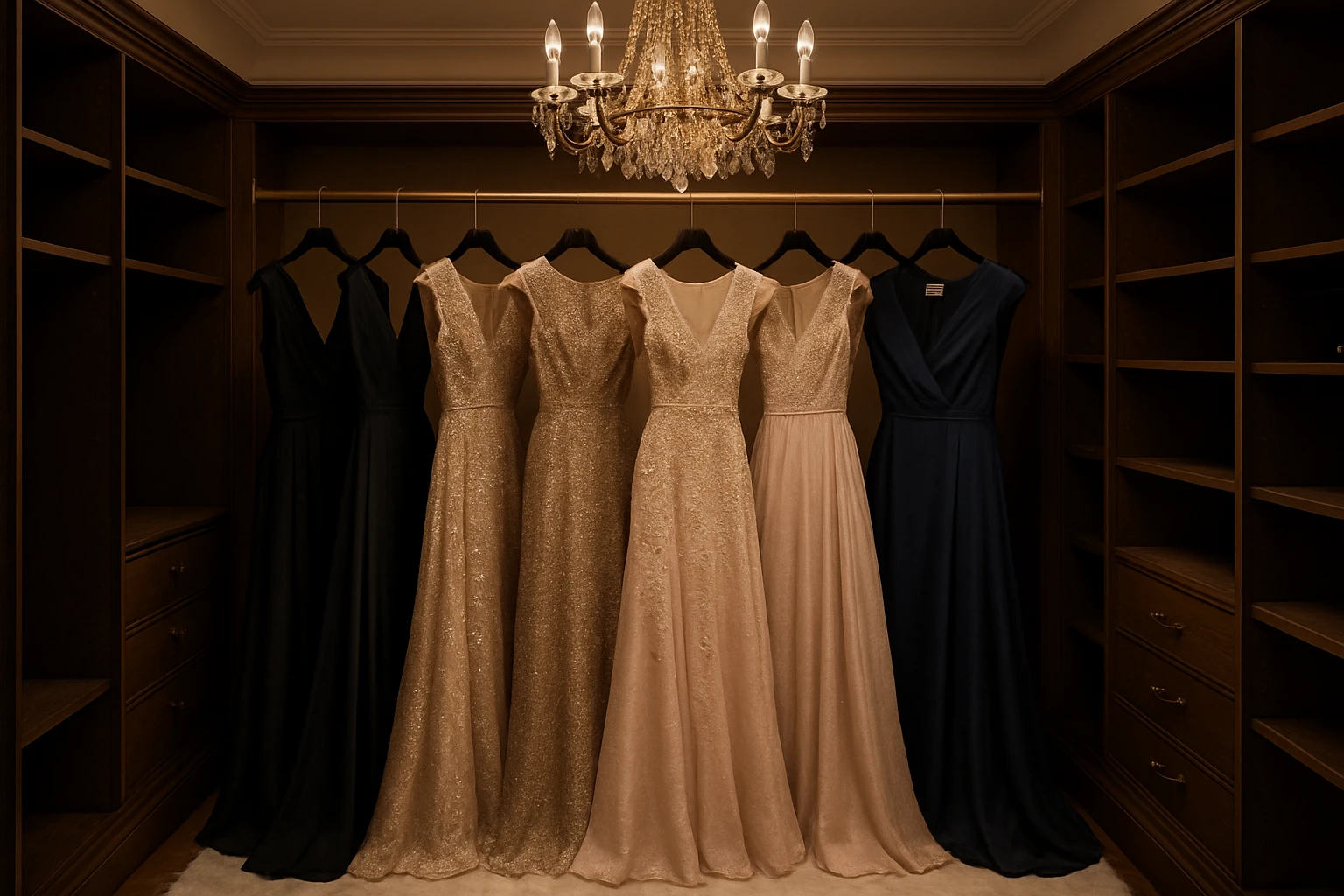 A luxurious walk-in closet featuring an array of elegant limited edition formal dresses on slim velvet hangers, each tagged with designer labels, with a plush rug underfoot and a chandelier casting a soft glow, creating an atmosphere of exclusivity and personal elegance.