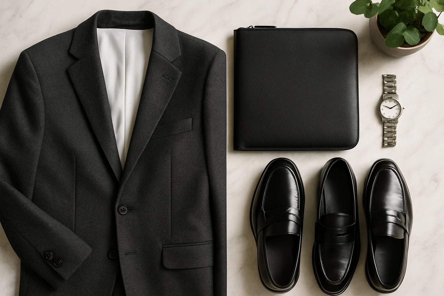 A chic flat lay features a tailored charcoal blazer perfectly folded beside a sleek leather portfolio, polished black loafers, and a classic silver wristwatch, all set against a marble surface with a subtle potted plant in the corner for a touch of elegance.