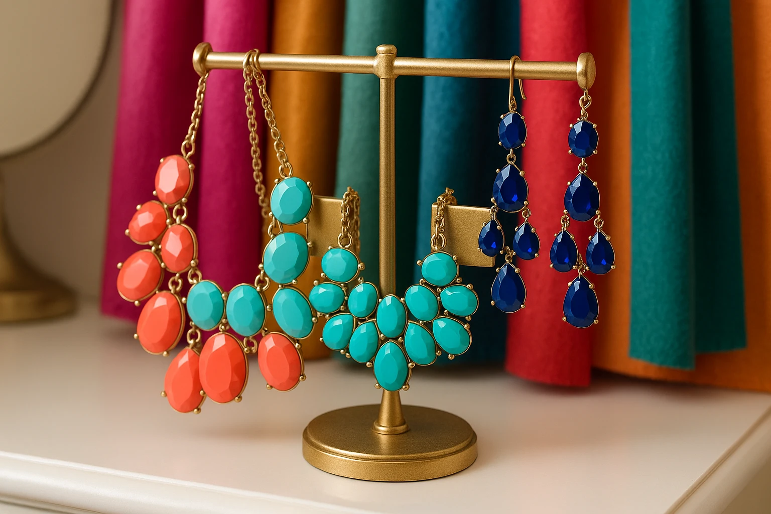 A close-up of a decorative jewelry display stand on a vanity, showcasing bold, colorful statement necklaces and chandelier earrings, with brand tags from BaubleBar and Charming Charlie, against a backdrop of vibrant fabric swatches.