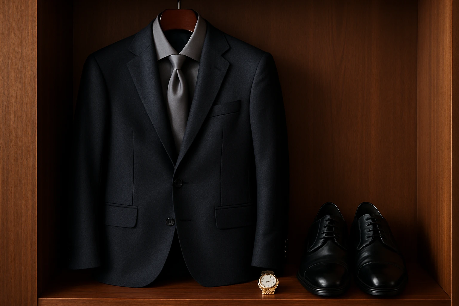 A close-up of a neatly arranged formal wardrobe showcasing a dark tailored suit, polished leather shoes, silk tie, and a gold watch, all meticulously organized against a sleek wooden backdrop.