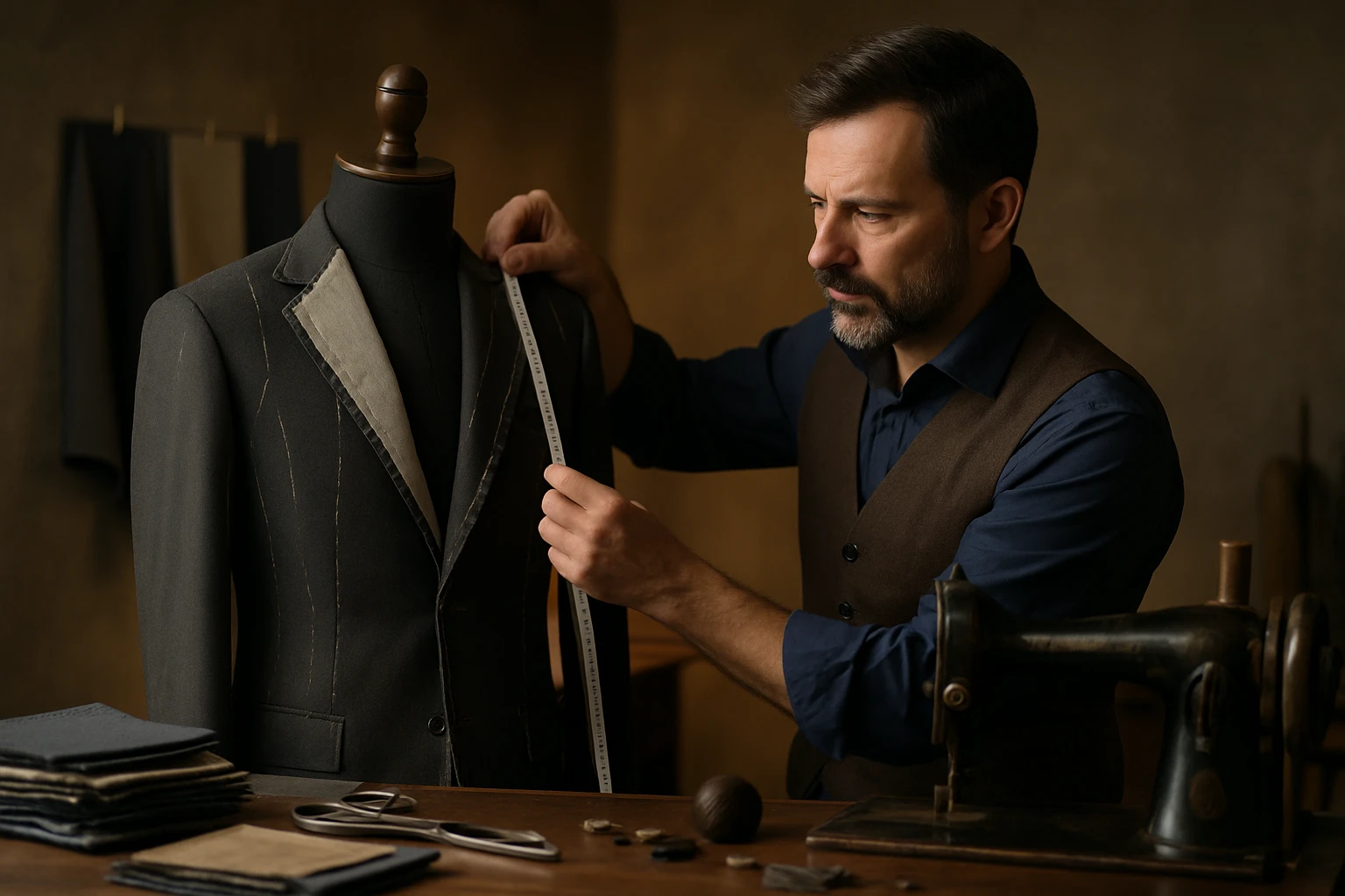 A tailor measuring a mannequin wearing a partially completed suit under soft workshop lighting, surrounded by fabric swatches, sewing tools, and a vintage sewing machine on a wooden table.