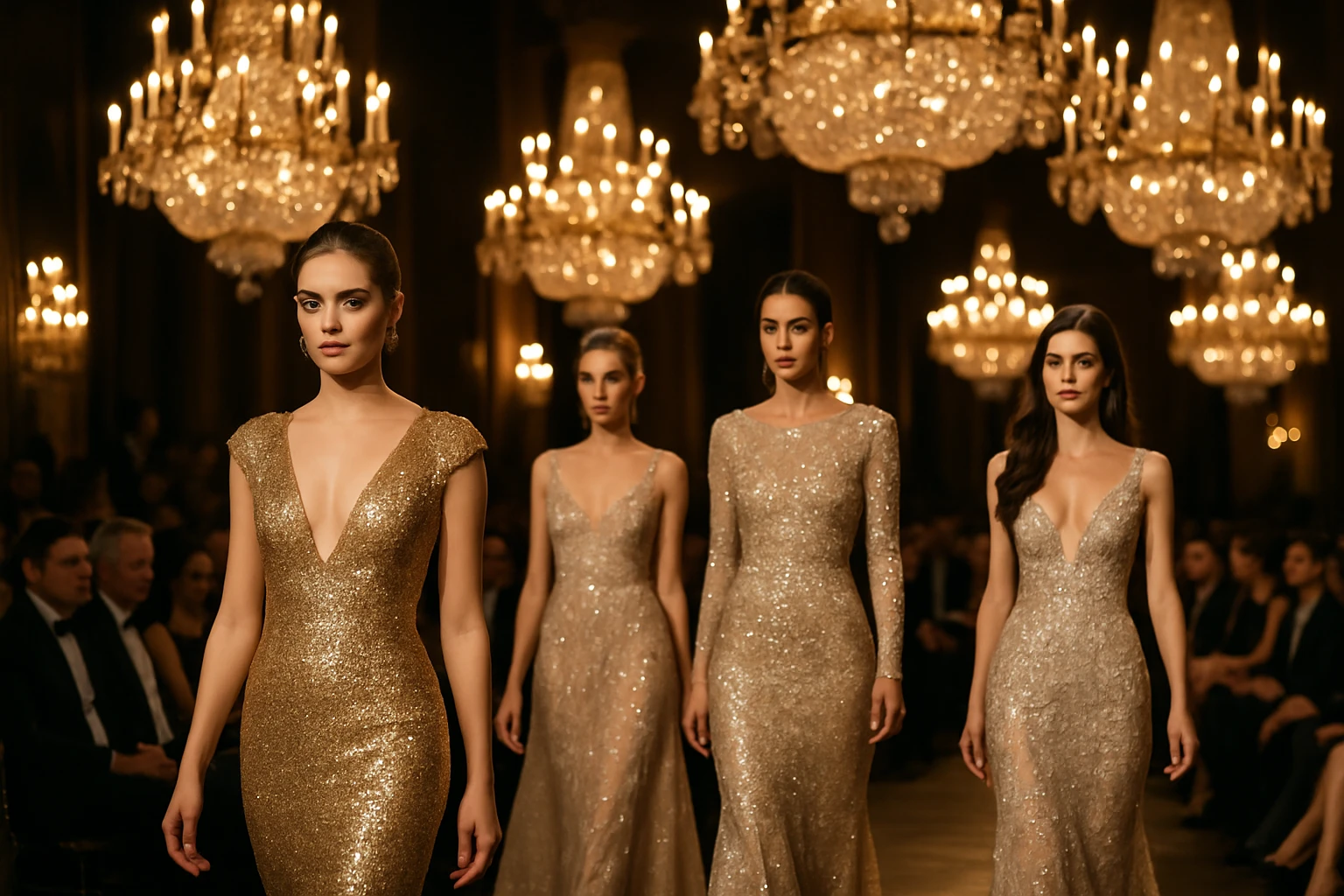 A dazzling runway scene with models showcasing luxurious evening gowns adorned with sequins and intricate embroidery, set against a backdrop of opulent chandeliers and a captivated audience in elegant attire.