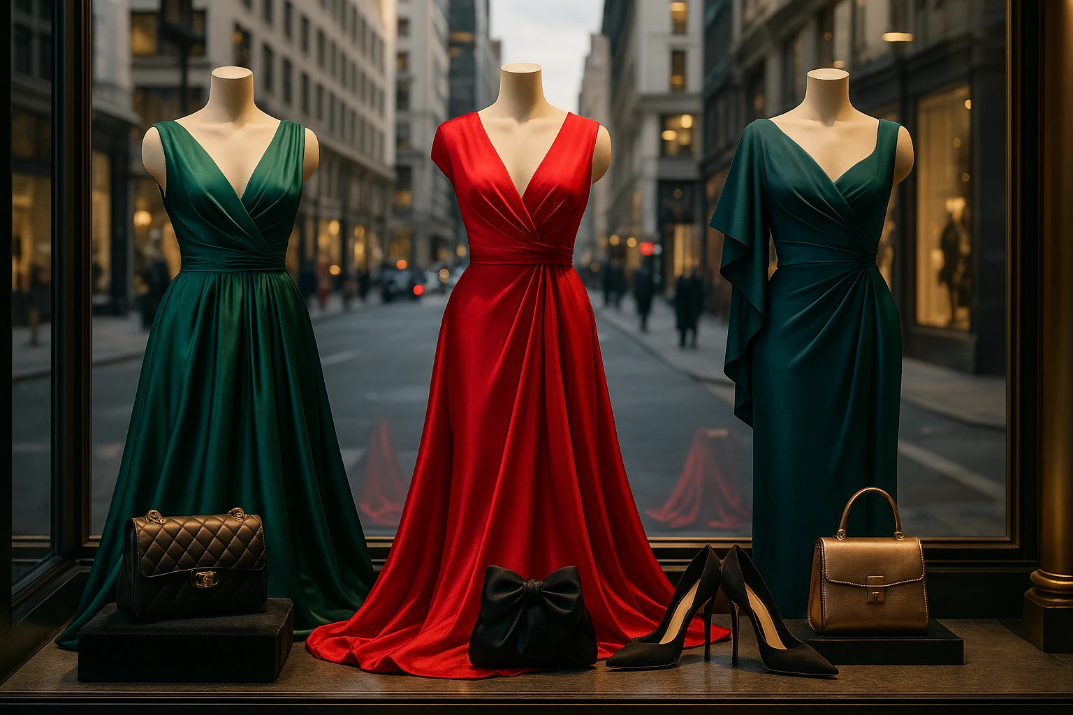 An elegant boutique window display featuring mannequins draped in the latest evening gowns with lush fabrics and bold colors, surrounded by luxurious accessories against a backdrop of a bustling city street.