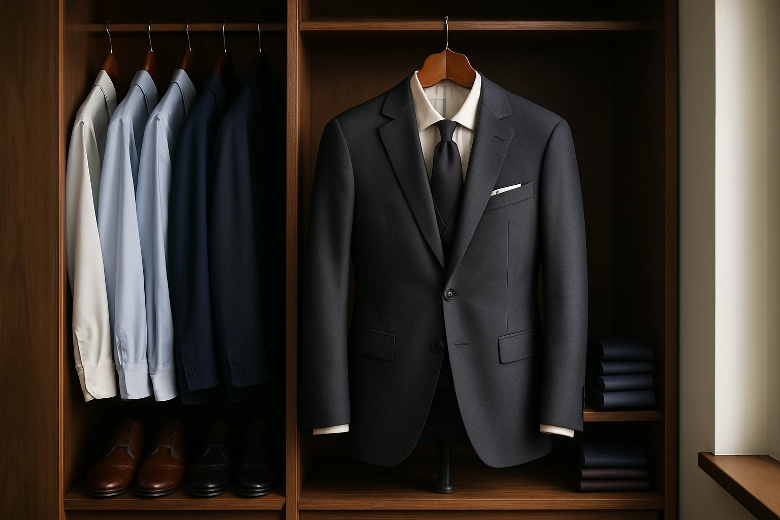 A neatly organized wardrobe showcasing various formal outfits, with a focus on a high-quality, tailored suit hanging on a wooden hanger, surrounded by polished leather shoes and neatly stacked silk ties, illuminated by soft, natural light from a nearby window.