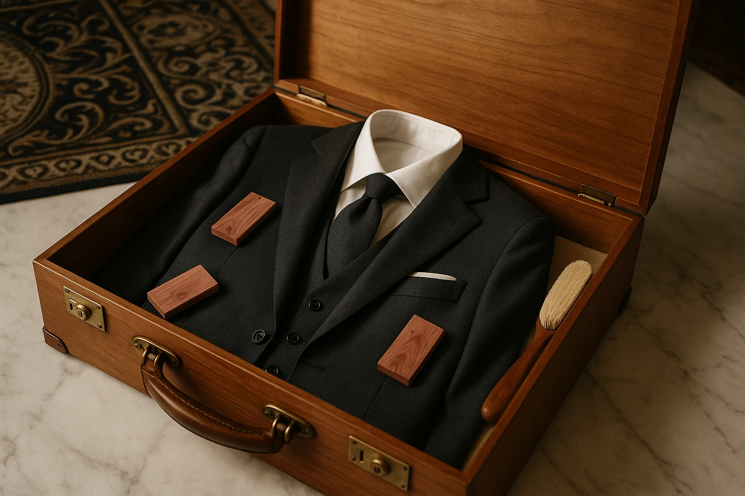 A close-up of a tailored suit neatly laid out in an elegant wooden suitcase, surrounded by cedar sachets for freshness and a fabric brush, resting on a marble floor with an ornate patterned rug partially visible in the background.