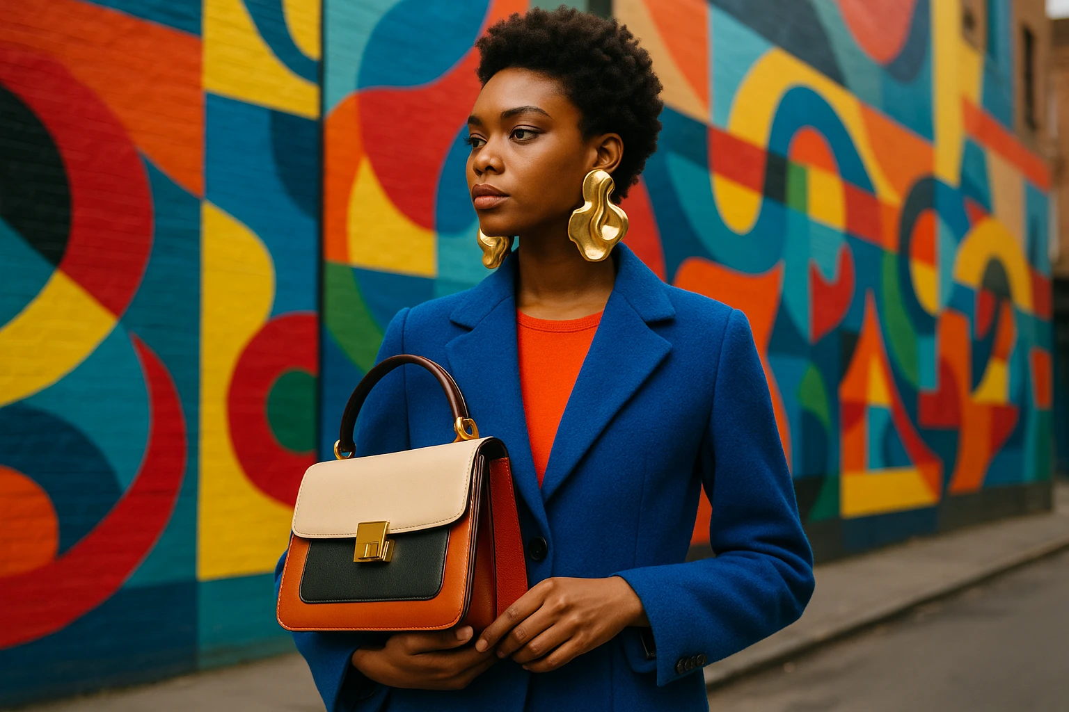 A vibrant street scene with a fashion-forward individual wearing oversized sculptural earrings and carrying a retro-inspired handbag, standing confidently against a colorful urban mural backdrop.