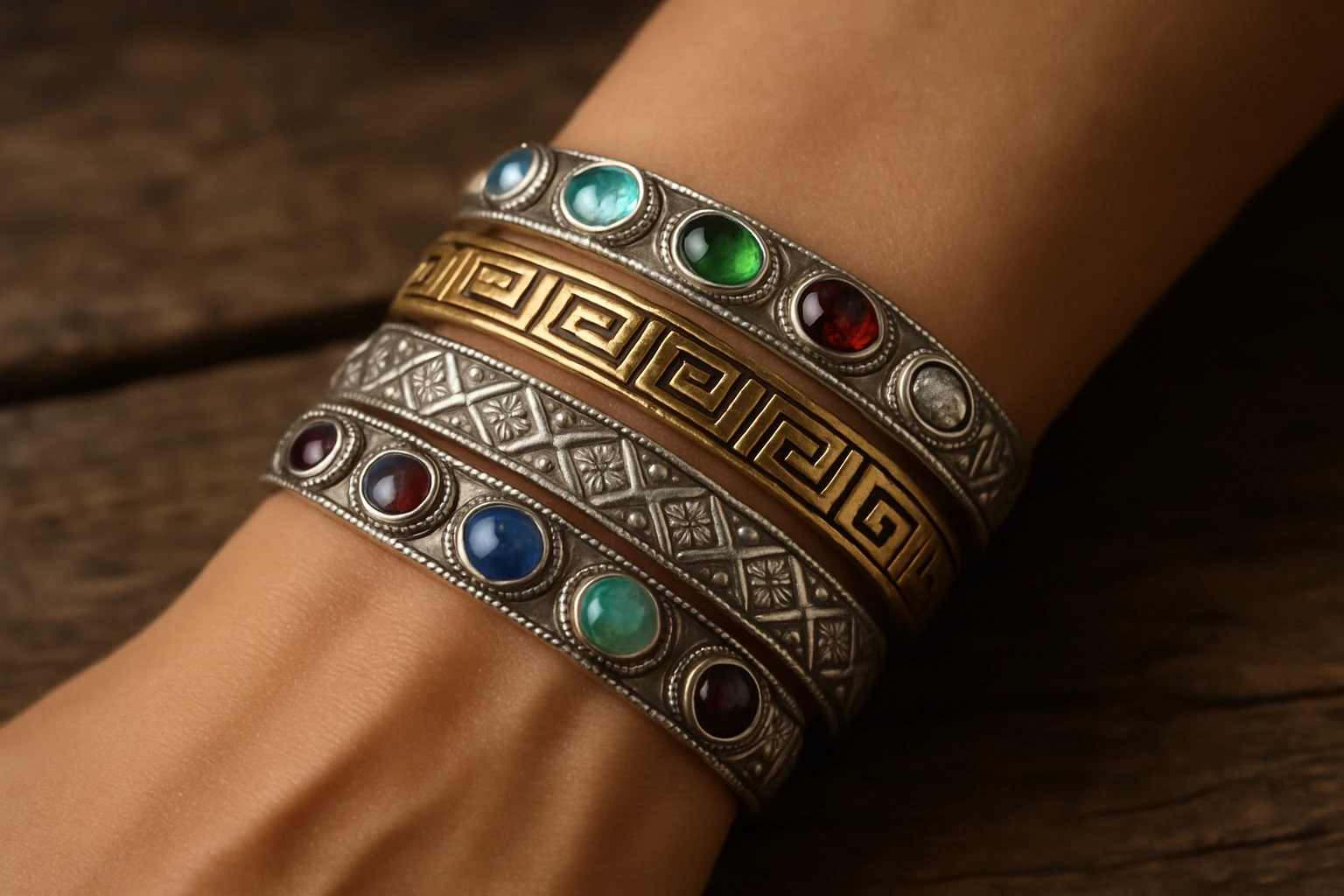 A close-up of a woman's wrist adorned with a mixed-metal layered bracelet set, set against a rustic wood background, highlighting geometrically designed metal patterns and colorful gemstones that catch the light.