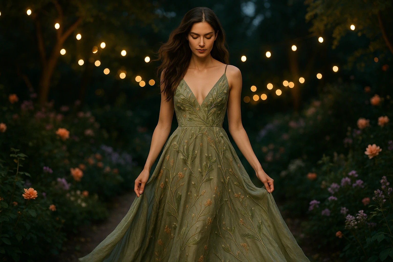 A model elegantly walking through a lush garden at twilight, wearing a flowing recycled silk gown adorned with botanical-inspired embroidery, surrounded by soft fairy lights and blooming flowers, symbolizing sustainable luxury.