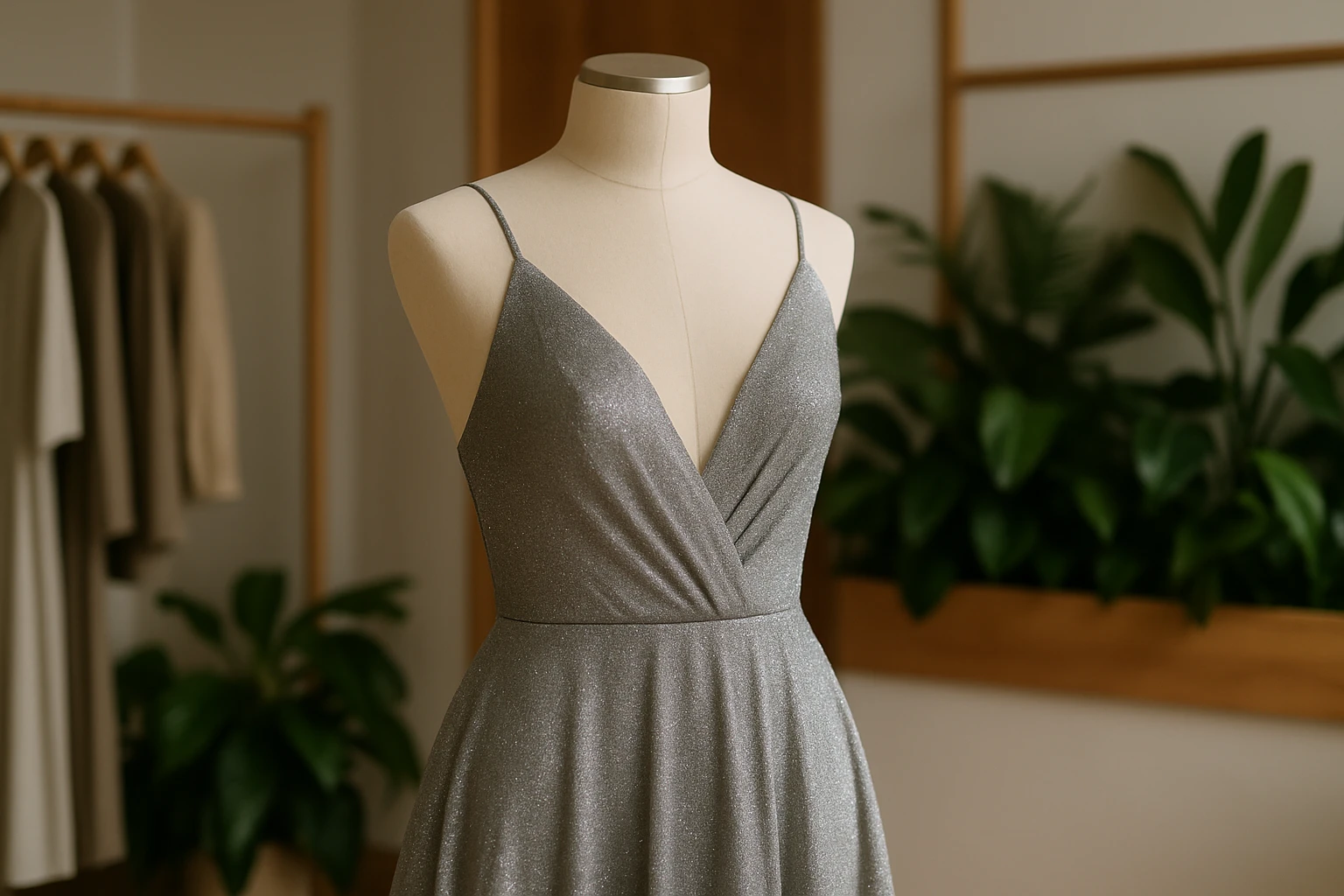 A close-up of a sustainable evening gown on a mannequin, made from shimmering recycled polyester, displayed in a chic, minimalist boutique with wooden accents and a backdrop of lush green plants.