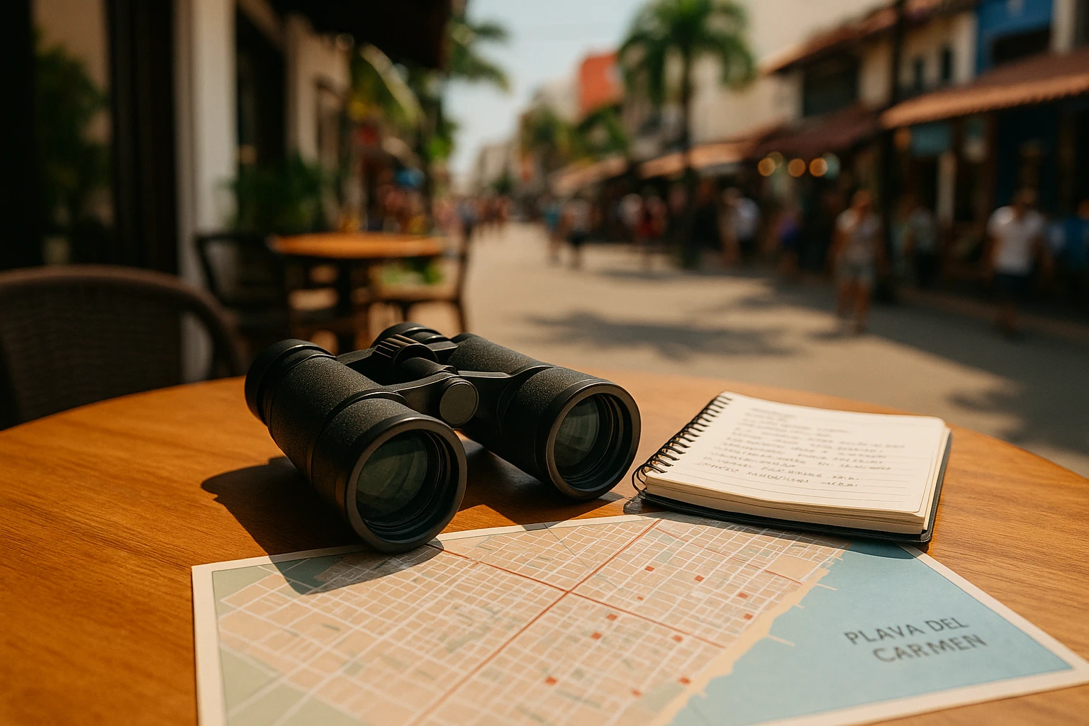 A pair of binoculars resting on a sunlit café table, overlooking the bustling streets of Playa del Carmen, with a discreet notepad filled with observational notes and a map of the city marked with strategic points.