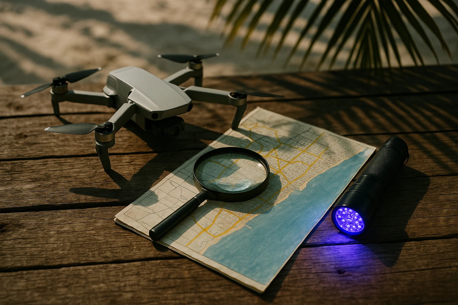 A private investigator's toolkit on a rustic wooden beach table, featuring a small drone, a magnifying glass, a folded map of Playa del Carmen with highlighted routes, and a UV flashlight glowing softly under the shade of a palm tree.