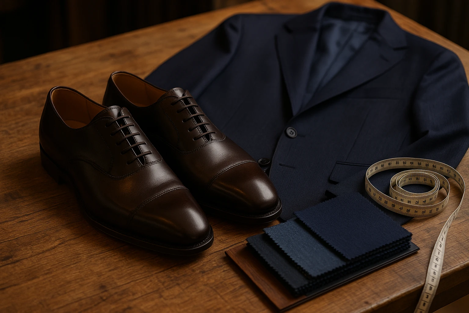 A close-up of elegant formal shoes and a matching suit laid out on a wooden table, with fabric swatches and a tape measure beside them, depicting a refined selection process in a boutique setting.