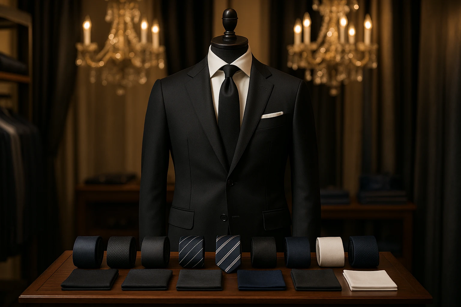 A tailored black suit displayed on a mannequin in a stylish boutique, surrounded by neatly arranged ties and pocket squares, against a backdrop of elegant chandeliers and luxurious fabrics.